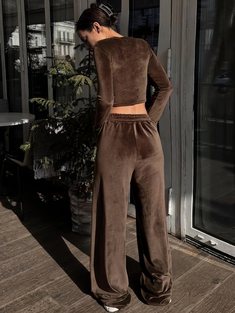 Autumn Winter Casual Knit Elastic Velvet Silk Round Neck Top Pocket Long Pants Home Wear Loungewear Two-Piece Set