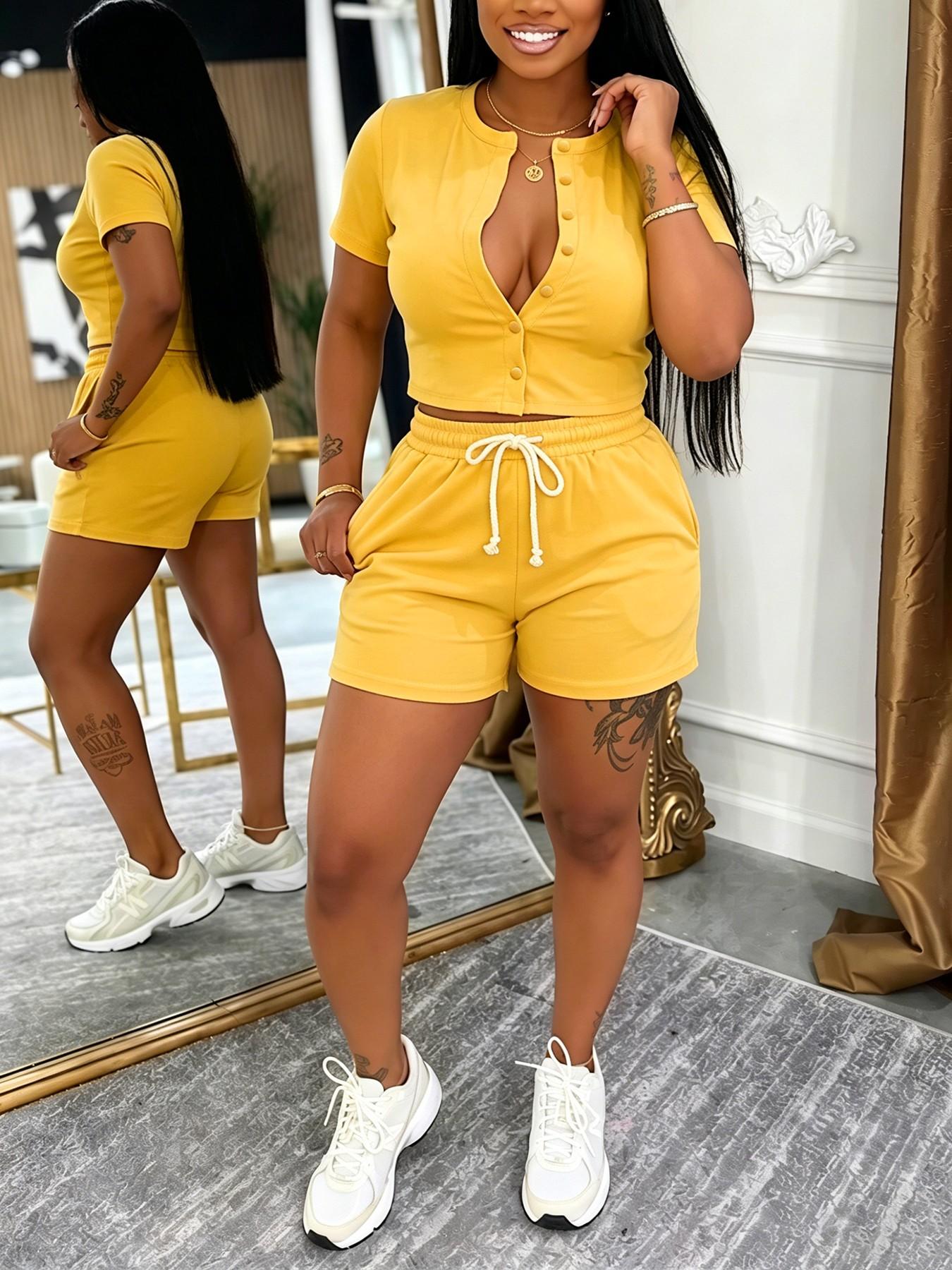 Women's Summer Casual 2-Piece Set Clothes, Short Sleeve Button-Up Top, High-Waisted Drawstring Shorts, Comfortable Slim Fit, Daily Wear, Matching Shorts Set