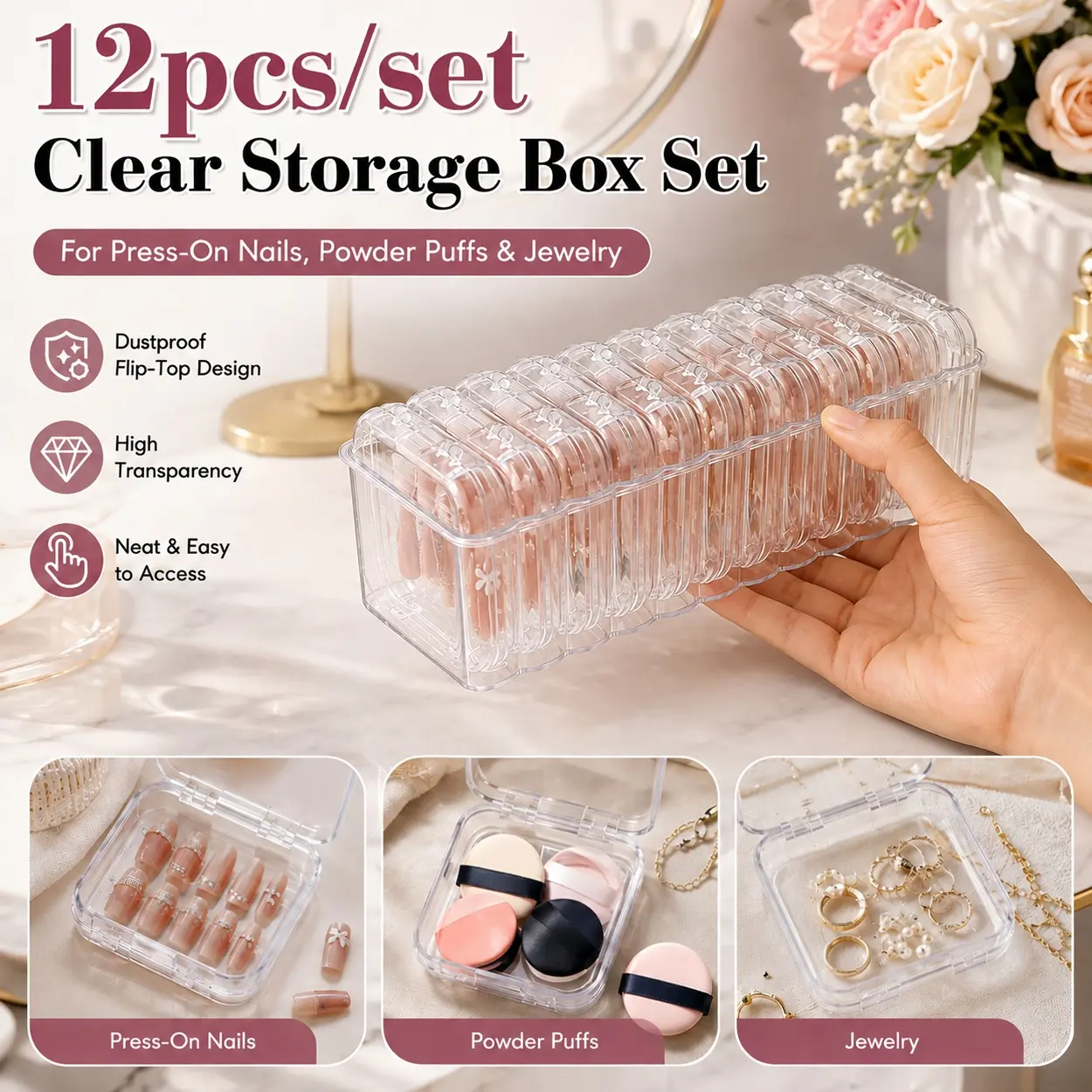 12-Piece Transparent Nail Art & Jewelry Organizer Set with 1 Rectangular Storage Holder, Small Hinged Boxes for Press-On Nails, Bracelets, Powder Puffs and Beauty Accessories, Space-Saving Stackable Storage for Vanity, Bedroom, Salon and Travel