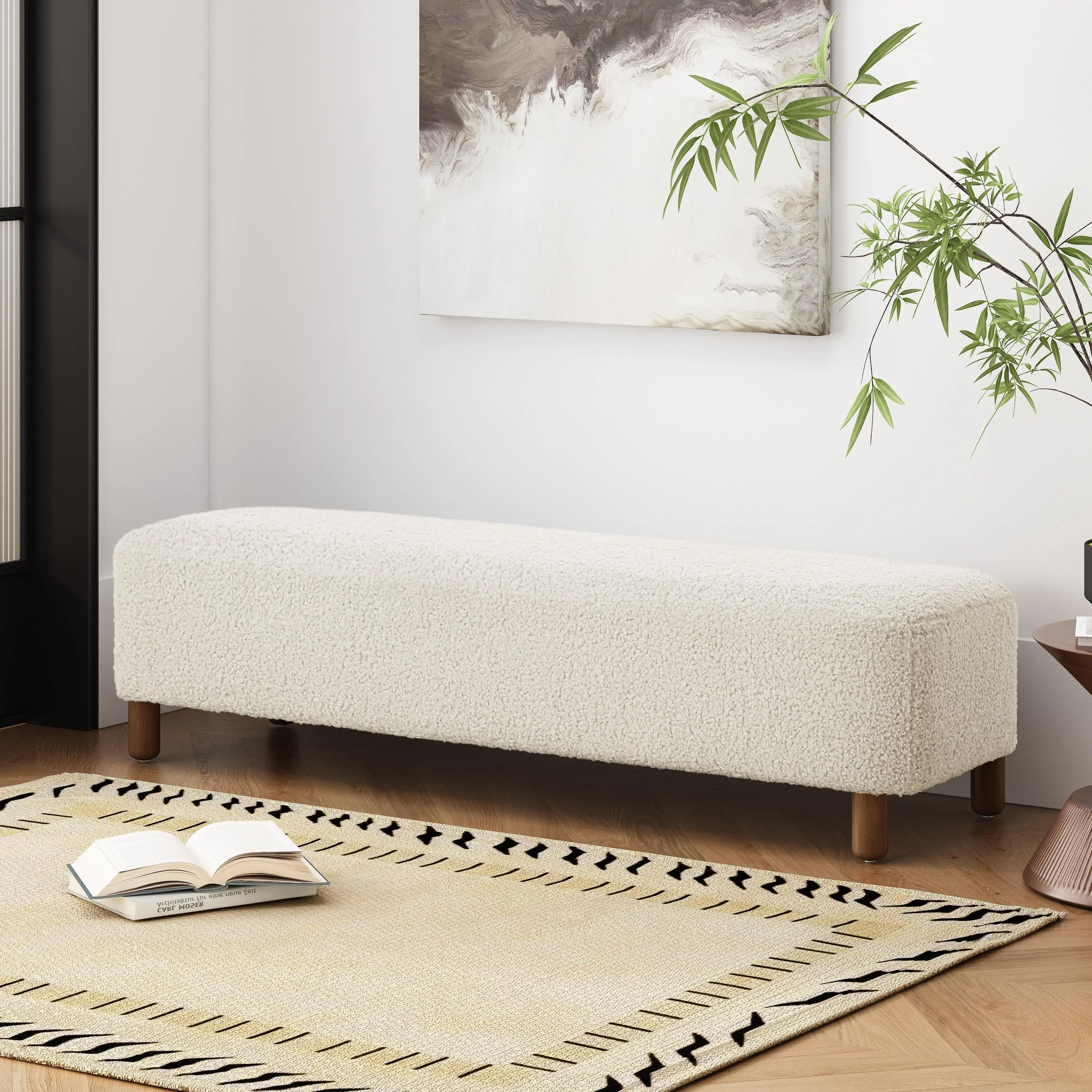 White Upholstered Rectangular Ottoman Bench with Foam Cushion and Solid Pine Frame for Living Room, Bedroom, or Entryway