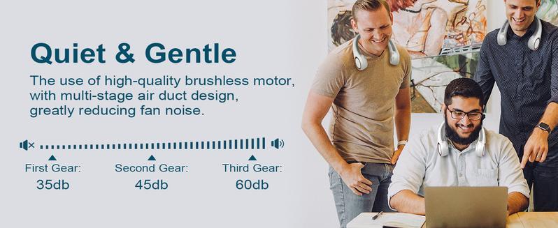 Hands-free neck fan for sports, Rechargeable bladeless cooling technologywith up to 8 hours of run time -Wearableheadphone design provides cooling for face,neck and shoulders as you move,travel and outdoorfun
