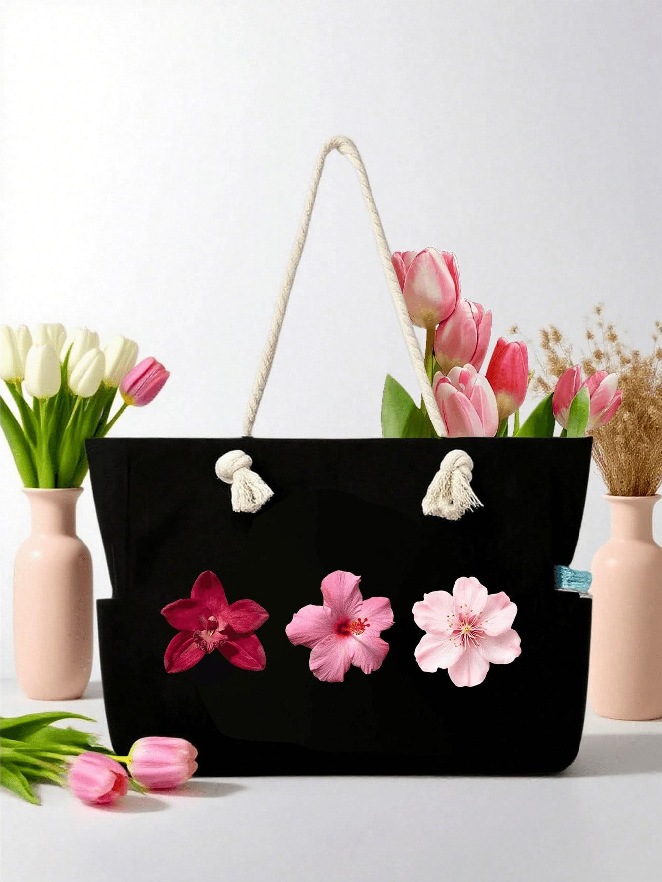 Sunflower, hibiscus, tropical flowers, egg flower handbag set - large capacity shoulder bag with side pockets and matching small storage bag, can be used as a travel handbag