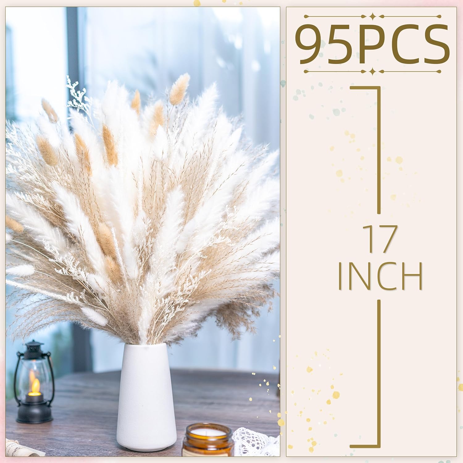 95 PCS Natural Dried Pampas Grass Bouquet - Neutral White & Beige Boho Floral Decor. Perfect for Wedding Centerpieces, Table Arrangements, Rustic Home & Vase Filler