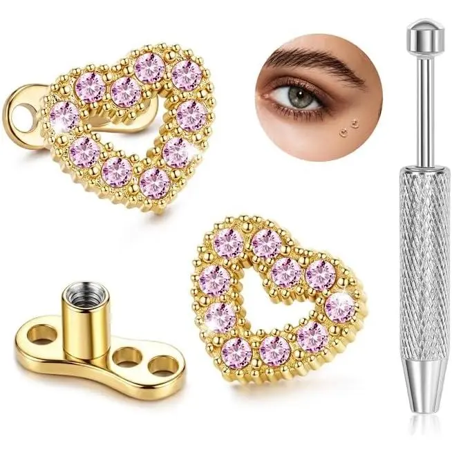 2 count 14G Titanium Heart Dermal  Tops and Base for Women Men | G23 Titanium  CZ Dermal Anchor Tops and Base,     Dermal , Microdermals Internally Threaded Stud