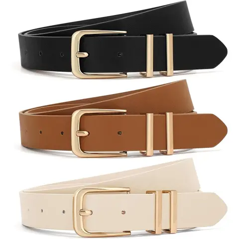 Women's 3-Pack Black+Brown+Leopard Leather Waist Belts with Gold Buckle - 4-Season Western Casual Accessory for Jeans, Dresses, Ideal for Sisters, Great Gift Option