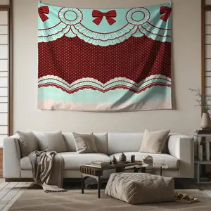 Retro Coquette Bow Print Tapestry, Vintage Lace Ruffle Print Wall Hanging Tapestries, Polka Dot Wall Blanket Backdrop Decor, Aesthetic Kawaii Style, Soft Lightweight Polyester, for Girls & Teens Bedroom, Living Room, Dorm & Party Background