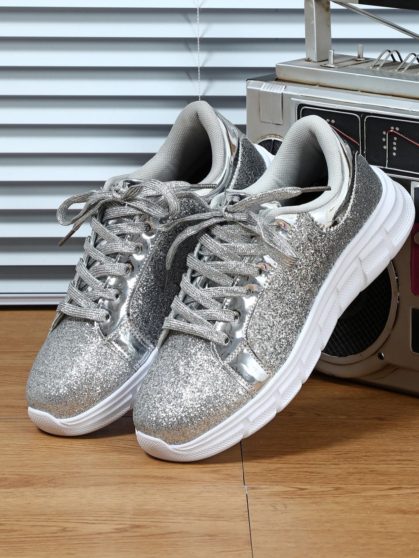 2026 Spring New Silver Color Glitter Thick Sole Casual Board Shoes for Women, Fashion Versatile Height-Boosting Sports Shoes
