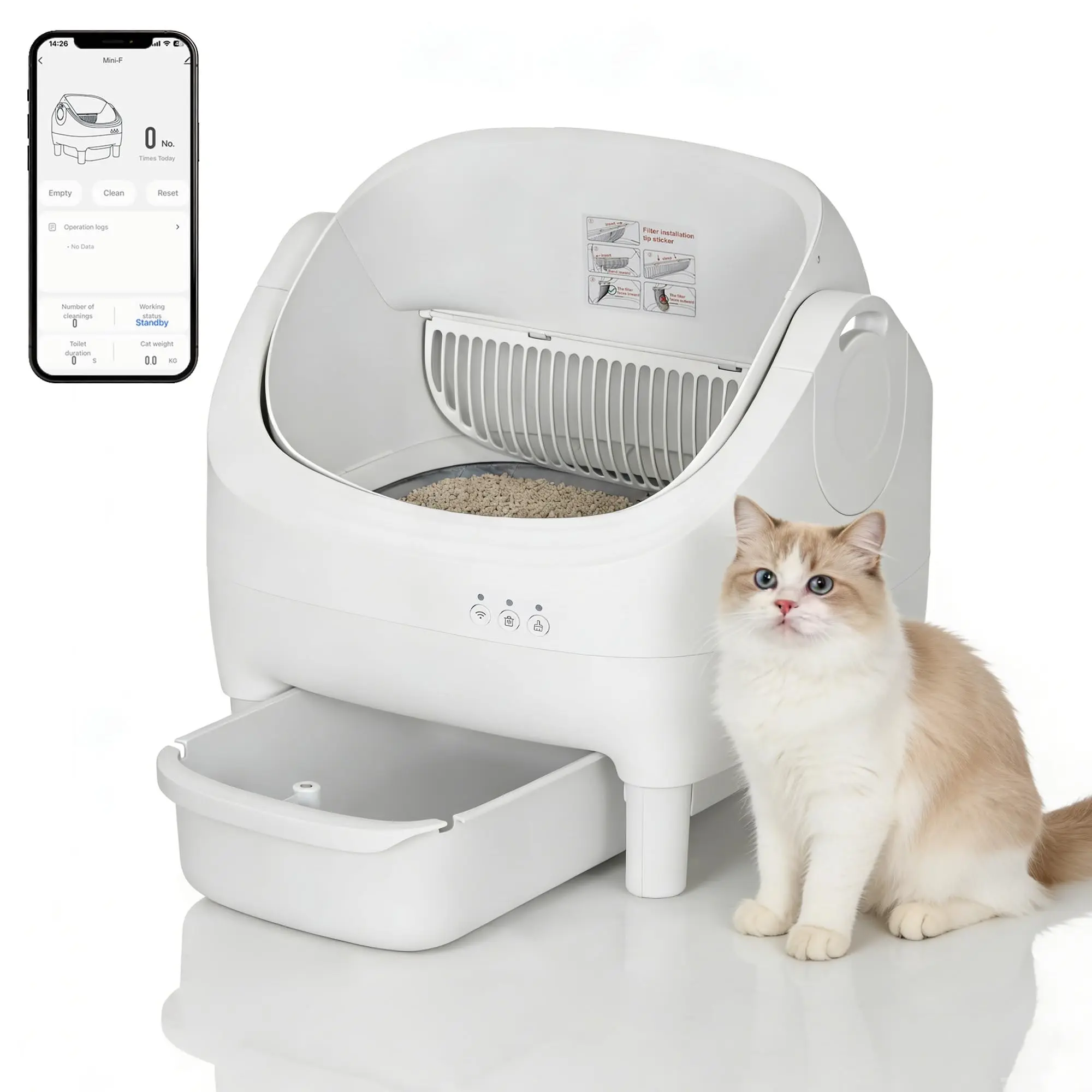 GARVEE Open-Top Automatic Cat Litter Box with APP Control, Odor-Free Waste Disposal, Includes Trash Bags, 10.5L Large Waste Bin, Self-Cleaning Litter Box Suitable for Multiple Cats, White