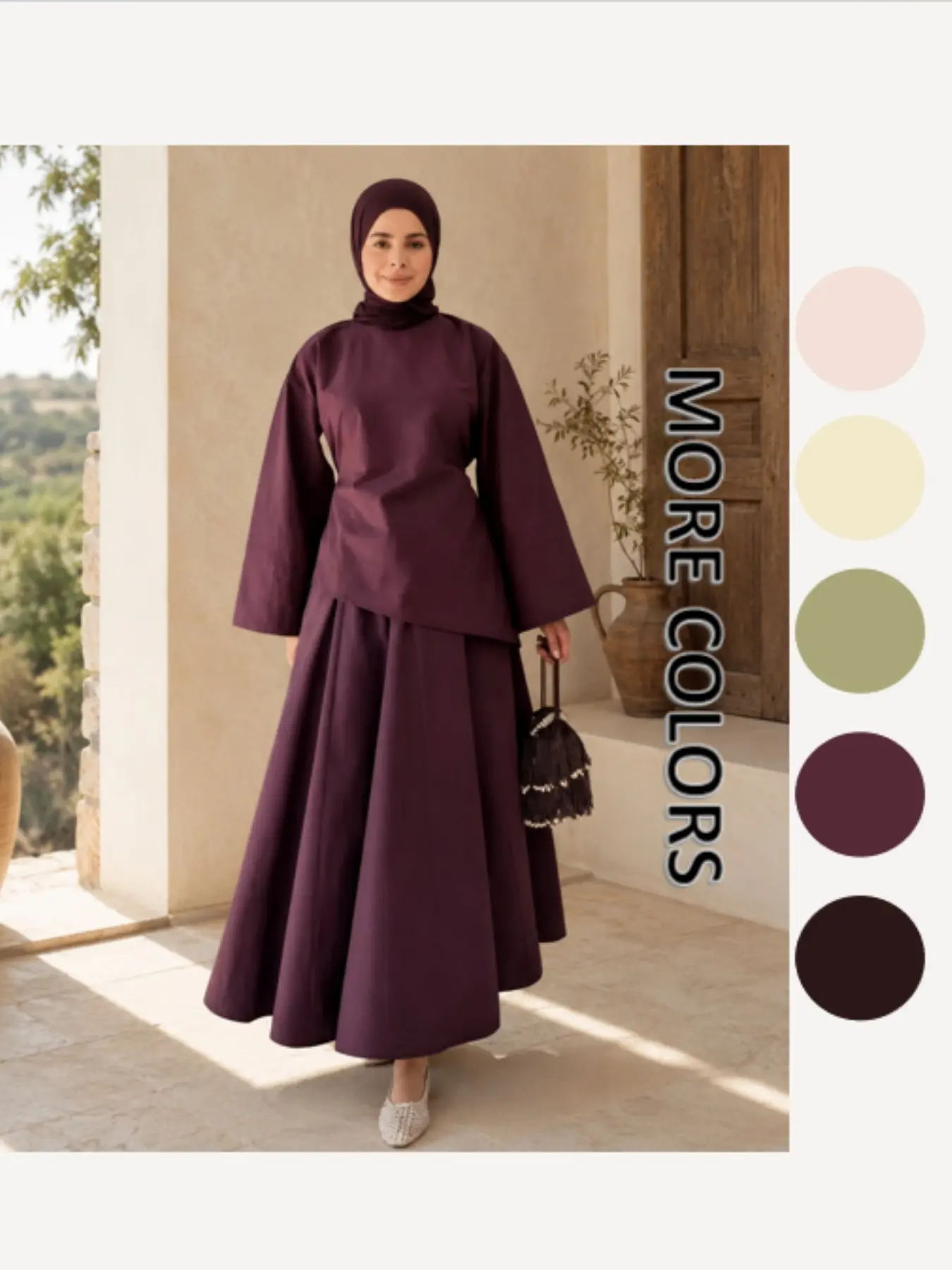 Lm139 Muslim Robe Two-Piece Set, Asymmetrical Cut Long Sleeve Top, Waist Tie Half-Length Skirt, Casual Loose-Fit, All Seasons