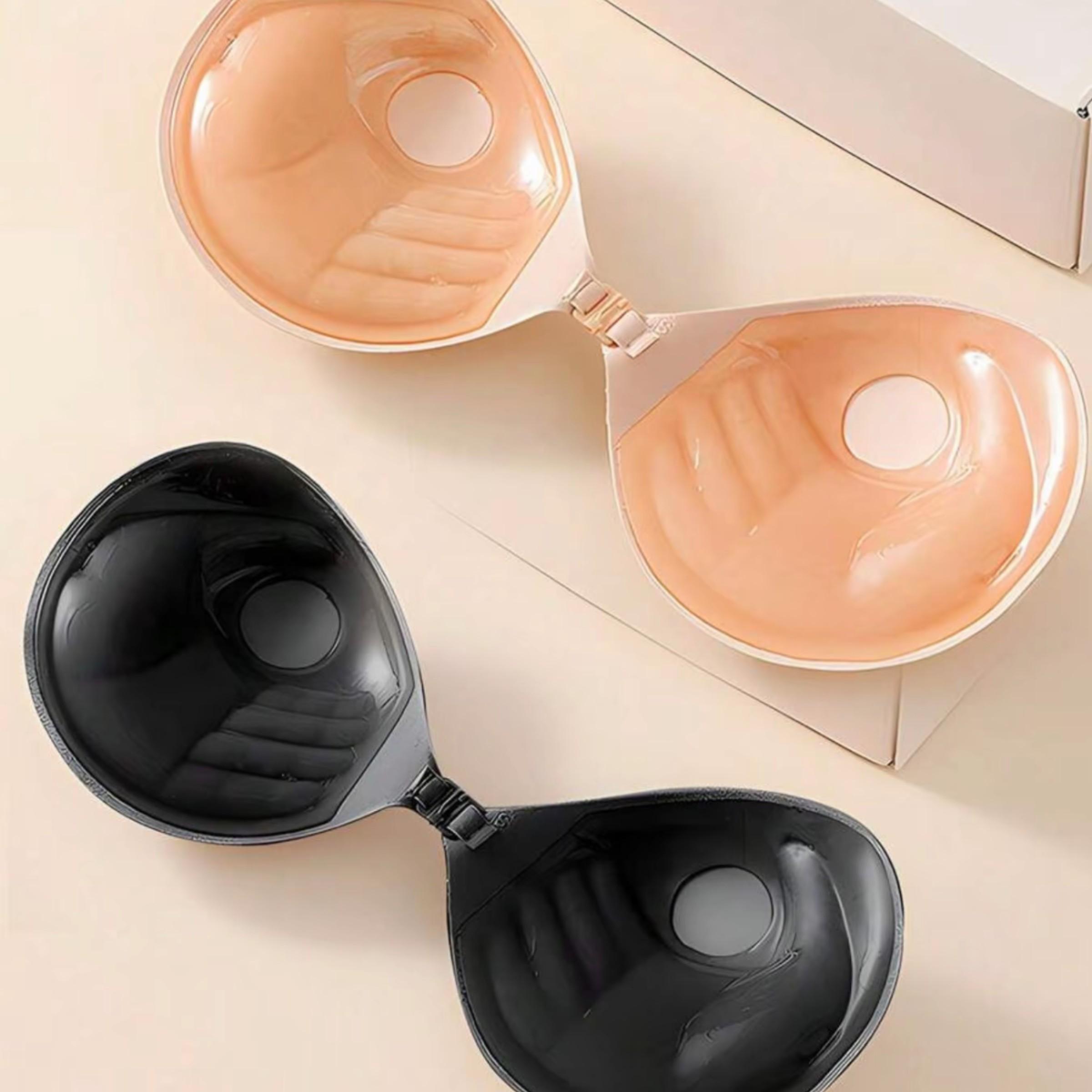 2 Pairs Front Buckle Push Up Invisible Adhesive Bra, Strong Adhesive Anti Slip Gathering Bust Lifter Strapless Nipple Covers Black & Nude For Wedding Party Evening Dress Daily Outfit Front Pushup Non Slip Bra