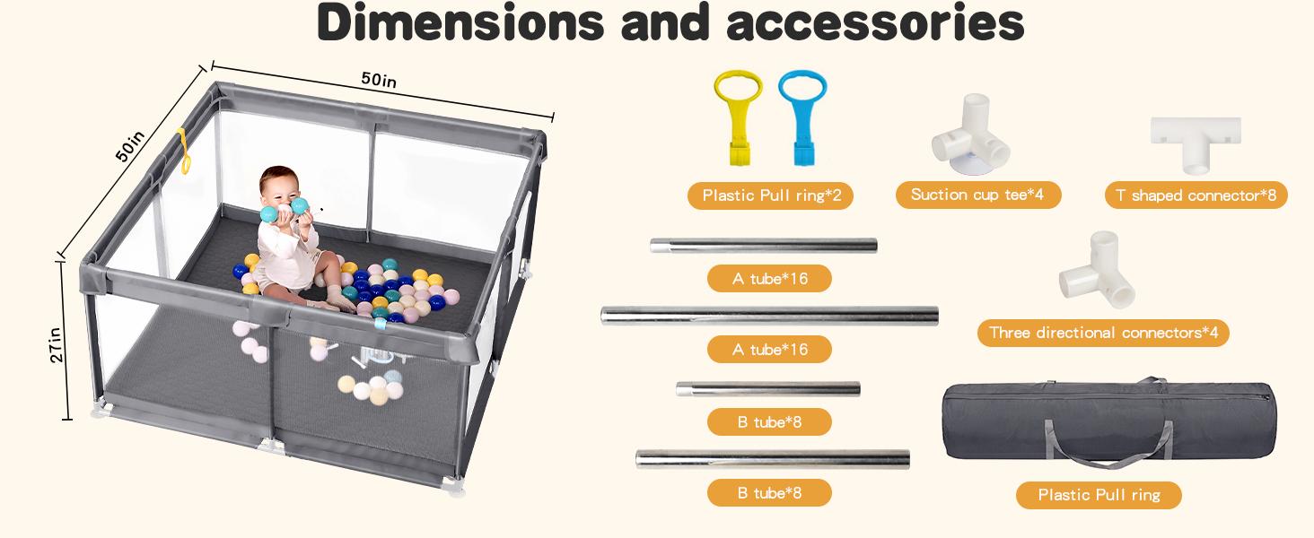 dearlomum 50"x50"/71"x59" Extra Large Baby Playpen with Soft Mesh Fence & Safety Gate for Babies & Toddlers Indoor Safety Yard Easy Assembly Clean Nonremovable Waterproof Mat Black/Gray