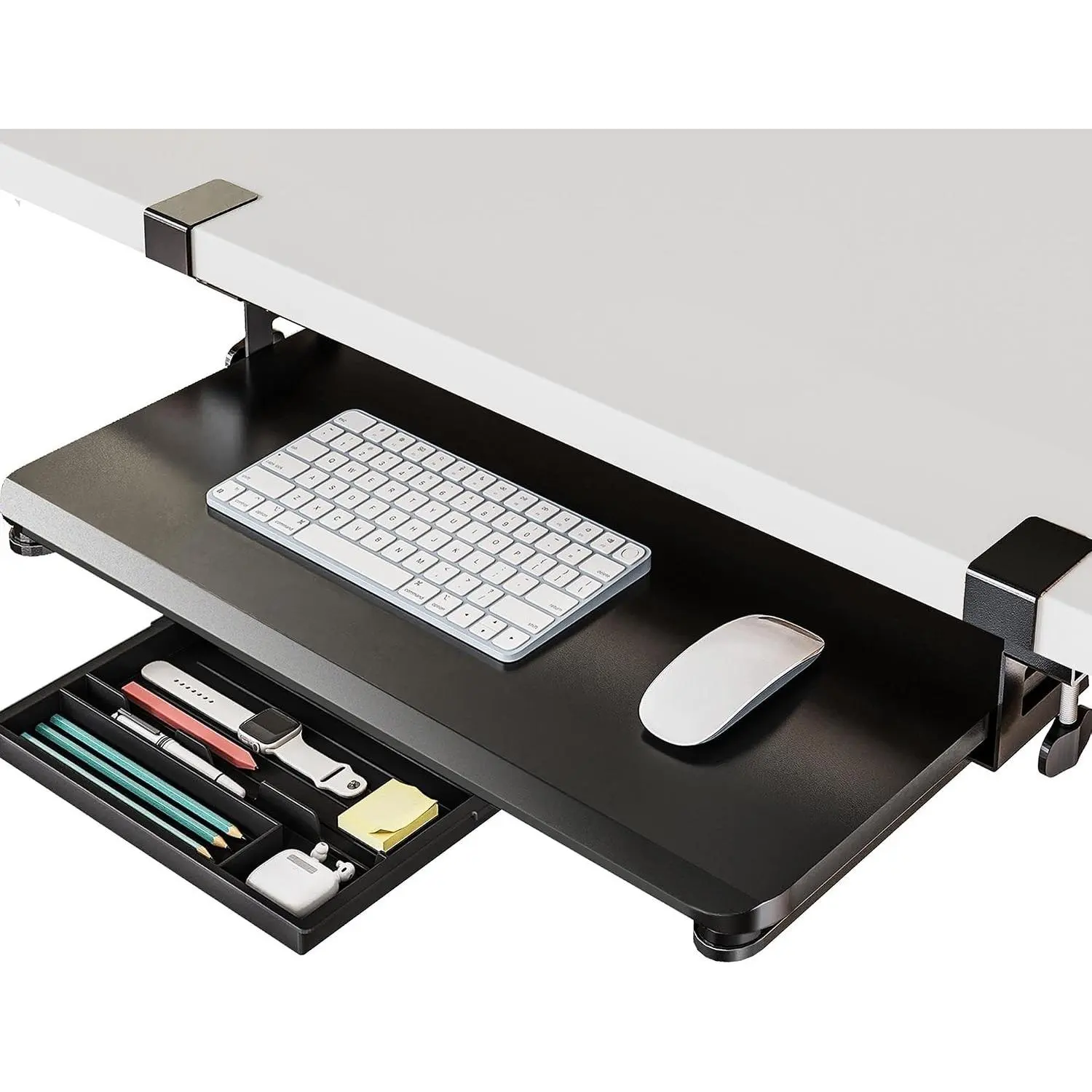 Keyboard Tray Under Desk with C-Clamp Mount & Drawer, 25.6" x 11.8" | Sliding Keyboard & Mouse Holder for Desk, Large Slide-Out Platform with Storage Drawer for Typing, Black