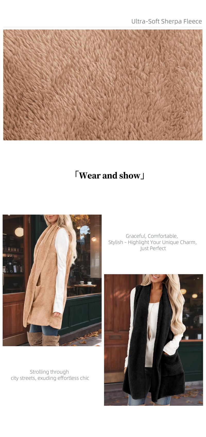 Chicovar Women's Sleeveless Sherpa Vest with Pockets【Clearance Sale】, Lapel Open Front Fleece Cardigan Sweater Fuzzy Jacket Coat