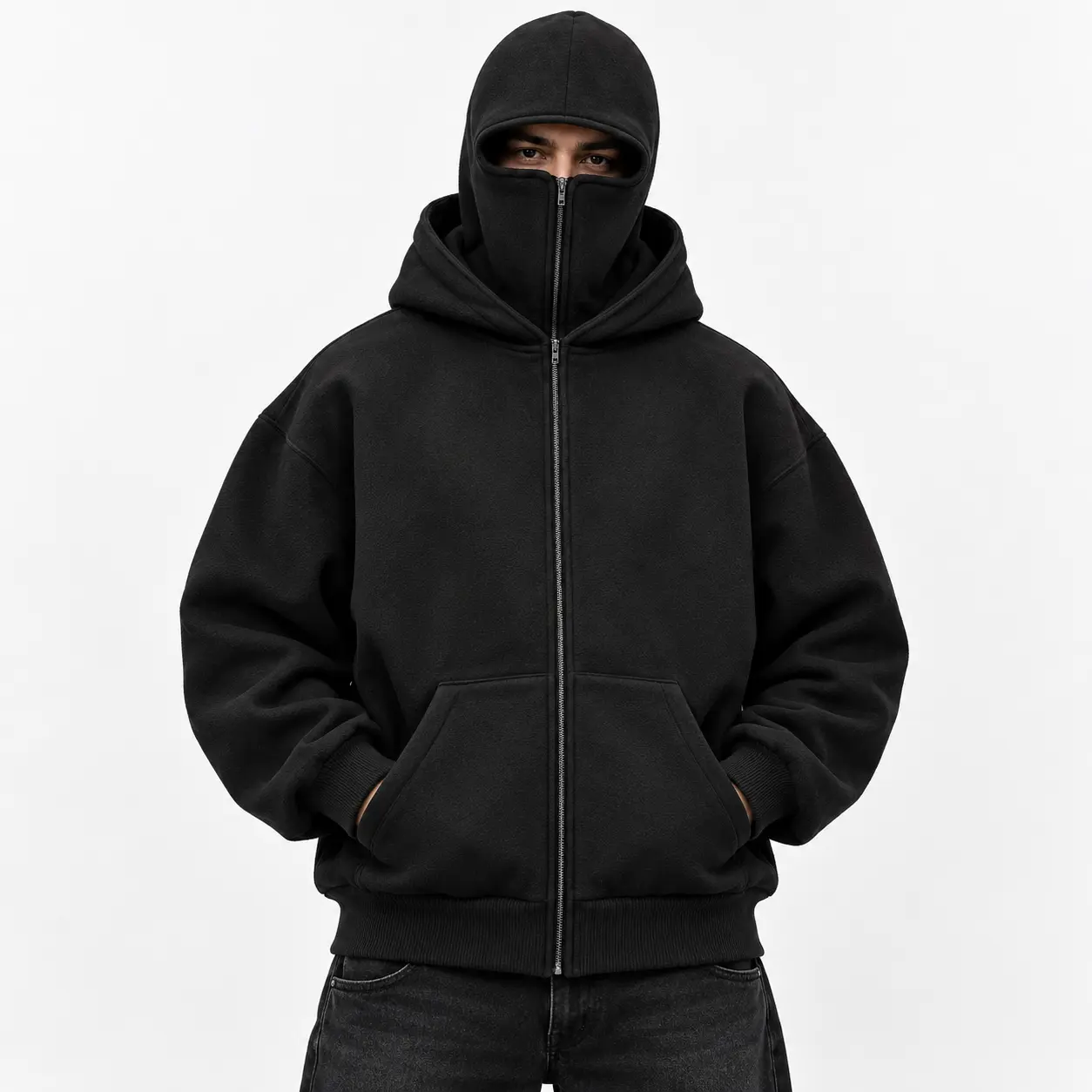 Black Full Zip Balaclava Hoodie for Men & Women, Oversized Streetwear Hooded Jacket with Face Cover, Warm Long Sleeve Sweatshirt, Kangaroo Pockets, Casual Winter Outdoor Travel Motorcycle Cycling Hip Hop Y2K Daily Wear, Unisex Urban Fashion Outerwear Coat