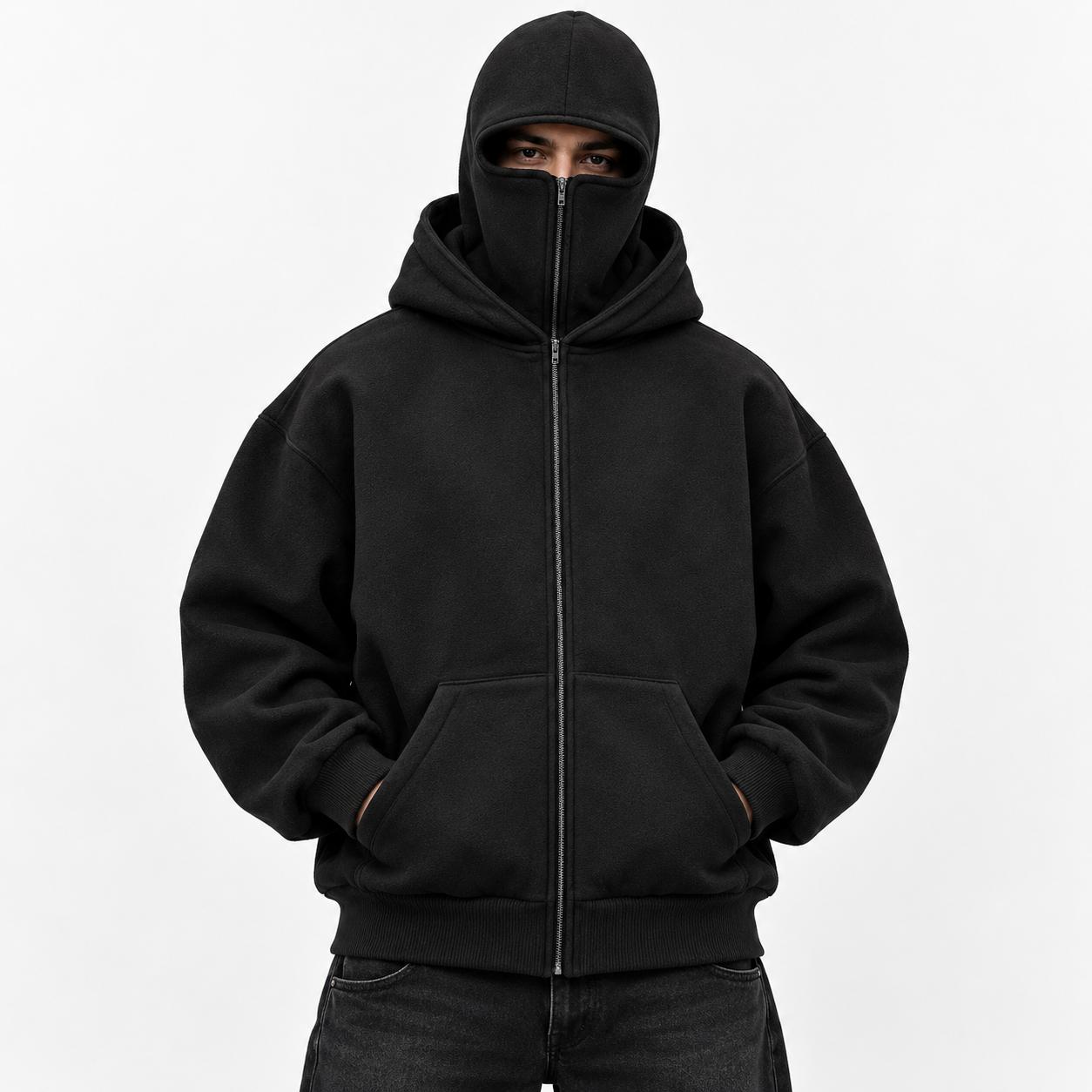 Black Full Zip Balaclava Hoodie for Men & Women, Oversized Streetwear Hooded Jacket with Face Cover, Warm Long Sleeve Sweatshirt, Kangaroo Pockets, Casual Winter Outdoor Travel Motorcycle Cycling Hip Hop Y2K Daily Wear, Unisex Urban Fashion Outerwear Coat