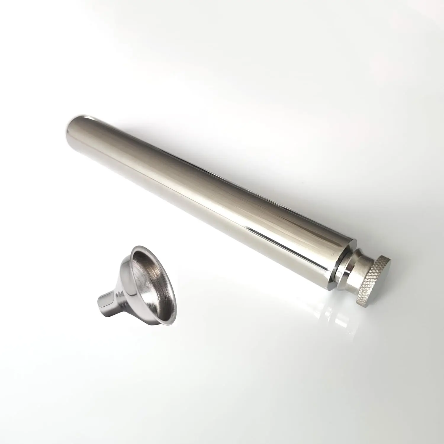 2oz Stainless Steel Tube Flask Portable Mini Water Bottle with Funnel, Mirror Finish Round Bottom