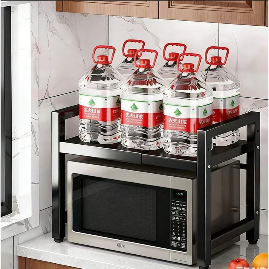 Expandable microwave rack with hooks, adjustable width to save space. Suitable for microwave ovens, ovens, coffee makers, etc. Easy to assemble, a must-have for the kitchen.