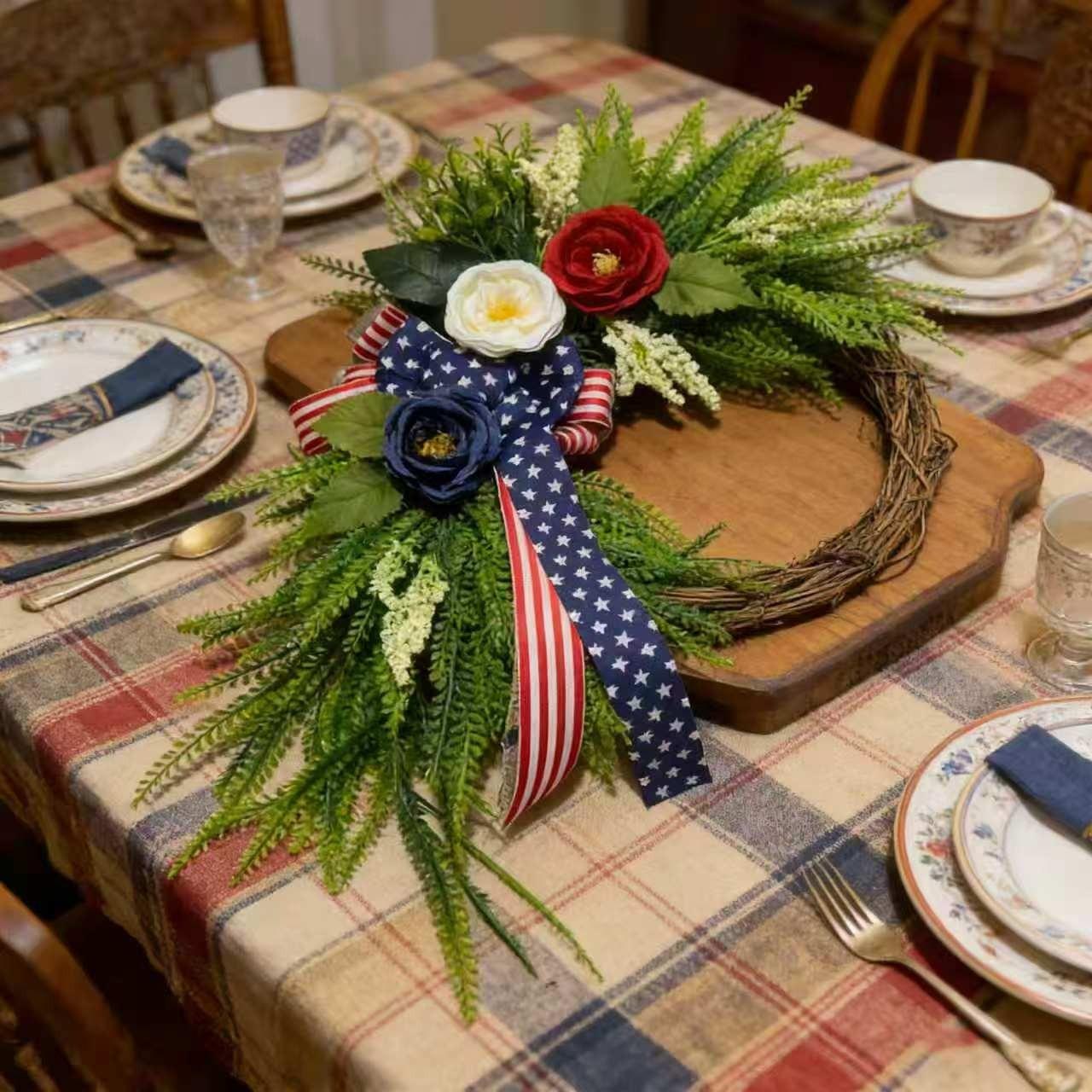 Elegant Patriotic Wreath Decor, Blue Floral Design with American Flag Bow, Memorial Day and Veterans Day Porch Decoration