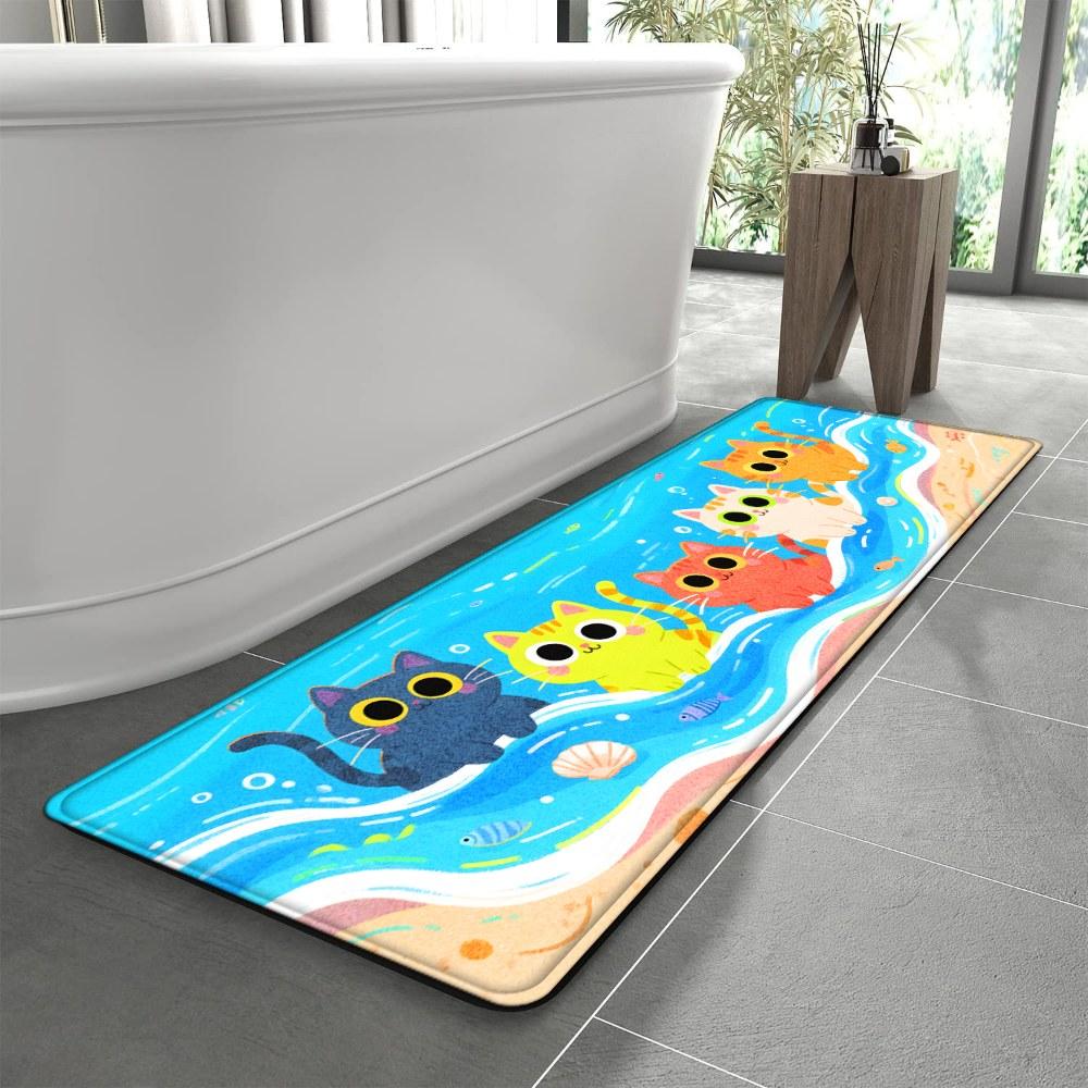 1PC， Colorful Cats on the Beach Patterned strip rugs, home décor, bathroom mats, entryway mats, bathroom non-slip mats, indoor entrance rugs, bedroom bedside mats, kitchen mats, hallway rugs, flannel sponge rugs, hallway runner rugs