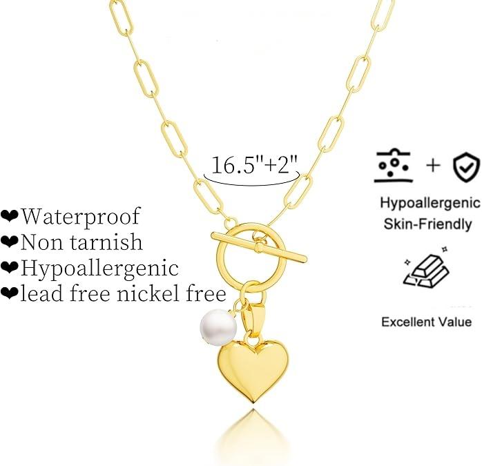Tewiky Necklace for Women Trendy Layered Pendant Necklaces Dainty Chain Heart Paperclip Snake Necklace Thick T-bar Coin Necklace for Women Jewelry For Valentine's Day