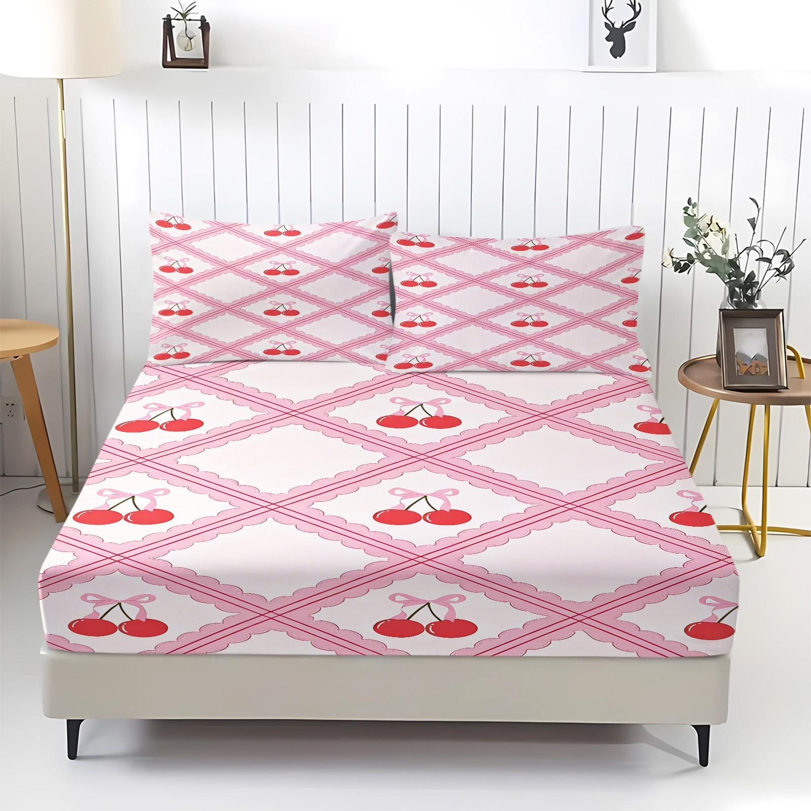Sweet and lovely cherry-print fitted sheet set,Includes 1 Fitted Sheet & 2 Pillowcases without Filler,Fresh and adorable design,Comfortable and soft,Multiple styles available, perfect for stylish bedroom decor.