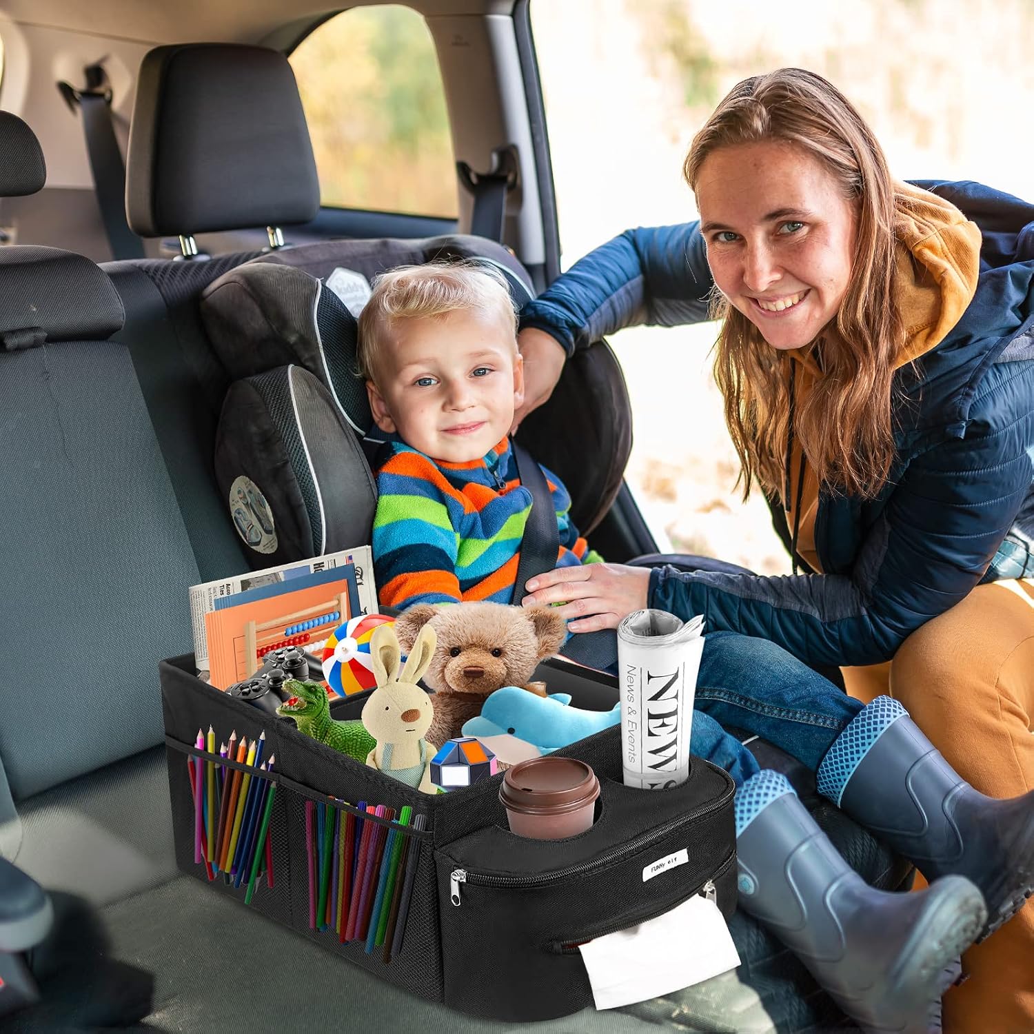 Front Seat Organizer for Van/Auto, Oxford Cloth Foldable Seat Storage with Partitions, 4 Cup Holders, 18x10x9 Inch Compact Fold, Practical Easy-Attach Firm Fixing for Car Interior Storage Space