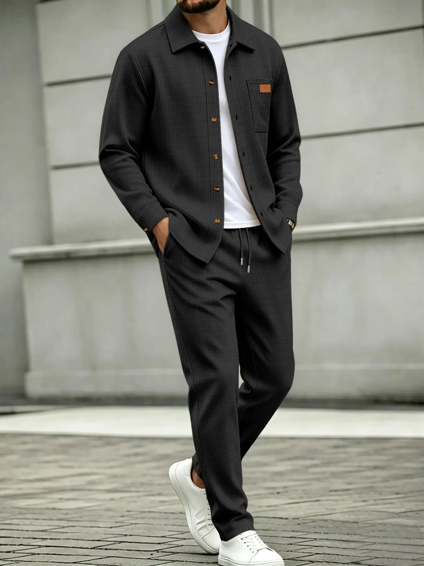 Men's Textured Waffle Set, Solid Color Loose Fit Shirt Jacket and Long Pants Two-Piece Set, Versatile Fashion Ensemble