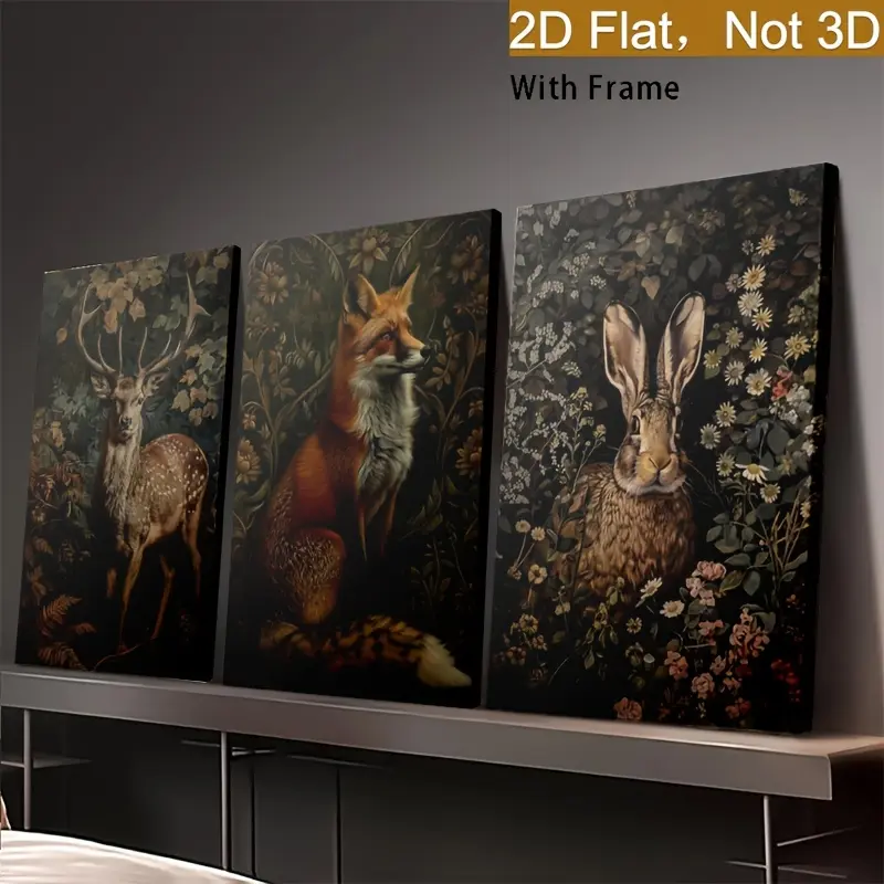 2D Flat Canvas Print Set of 3 Pieces - Rustic Style Dark Forest Animals and Floral Background, Featuring Fox, Rabbit, and Deer |   Suitable for wall decoration in living rooms, bedrooms, and home offices