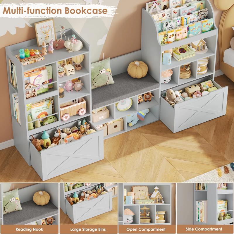 FOTOSOK Kids Bookshelf with Reading Nook, 75" W Kids Toy Storage Organizer with 2 Large Movable Drawers, Kid Bench for Playroom Kids Room Living Room