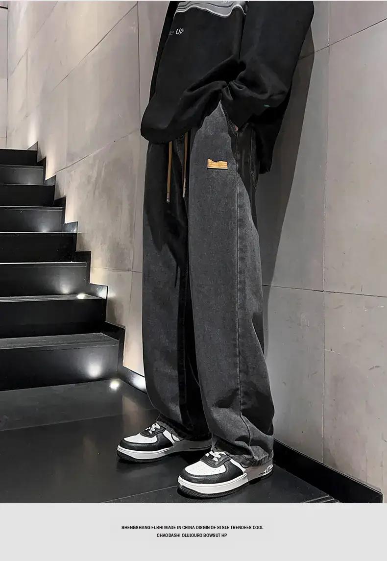 Brand new upgrade!Men's regular straight-leg jeans, casual drawstring elastic waist, denim pants, heavyweight washed jeans, premium blend elastic fabric with 61.8% cotton