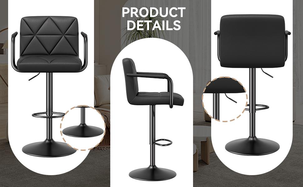 Black Friday Specials-Set of 2 Barstools, Adjustable Height 25.5-34.5 IN with Back & Arms, Swivel PU Leather Upholstered Counter Height Bar Chairs