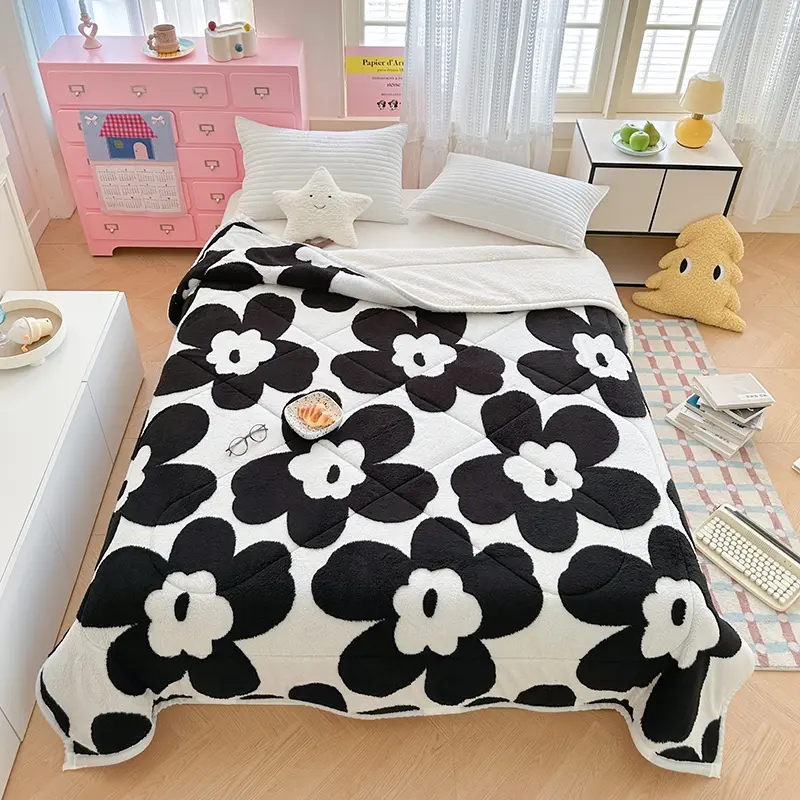 Floral Velvet Sheepskin Blanket, Dual-Layer Multi-Functional Cozy Throw, Soft Breathable Comfort, Sofa Bedroom Bed Cover, Hotel Home Use