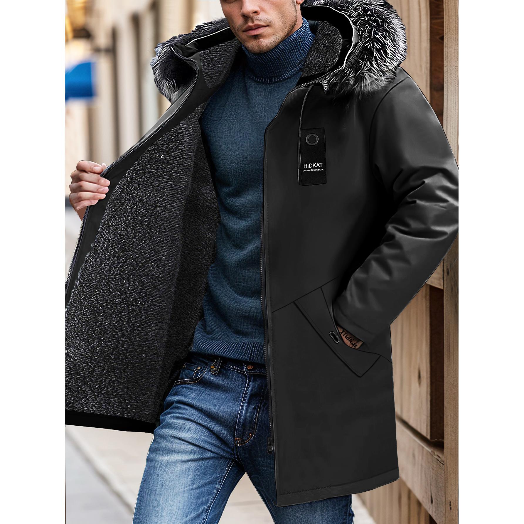 Men's Winter Parka Jacket With Faux Fur Hood, Warm Mid Length Hooded Outerwear