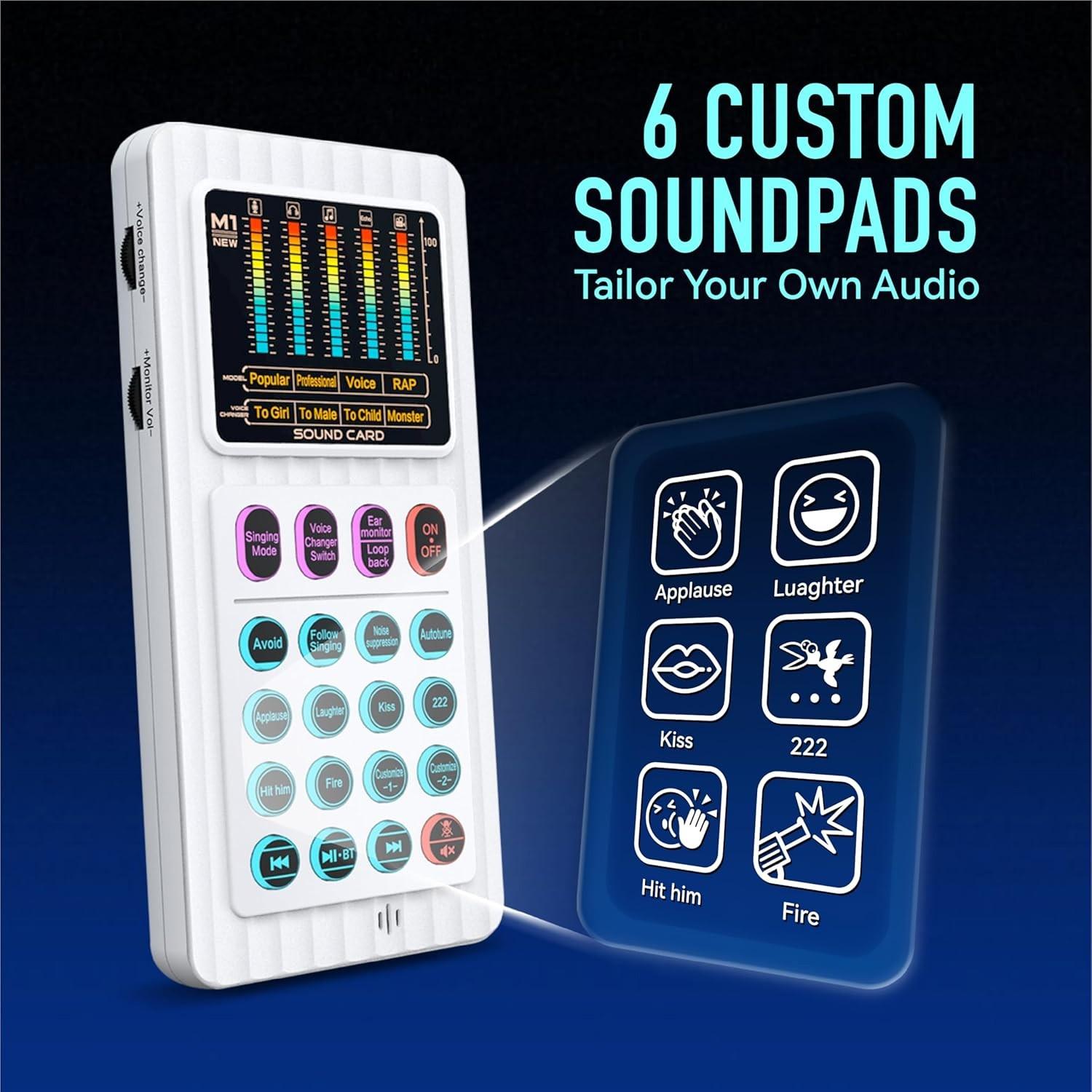 Portable Handheld Sound Card Set, Mini Audio Mixer with 12 Sound Effects, Real-Time Voice Change, Reverb & Vocal Enhancement, Bluetooth/AUX/Type-C/iOS Compatible, Condenser Mic & Monitor Headphone Bundle for PC Mobile Phone, Perfect for Podcast, Singing,