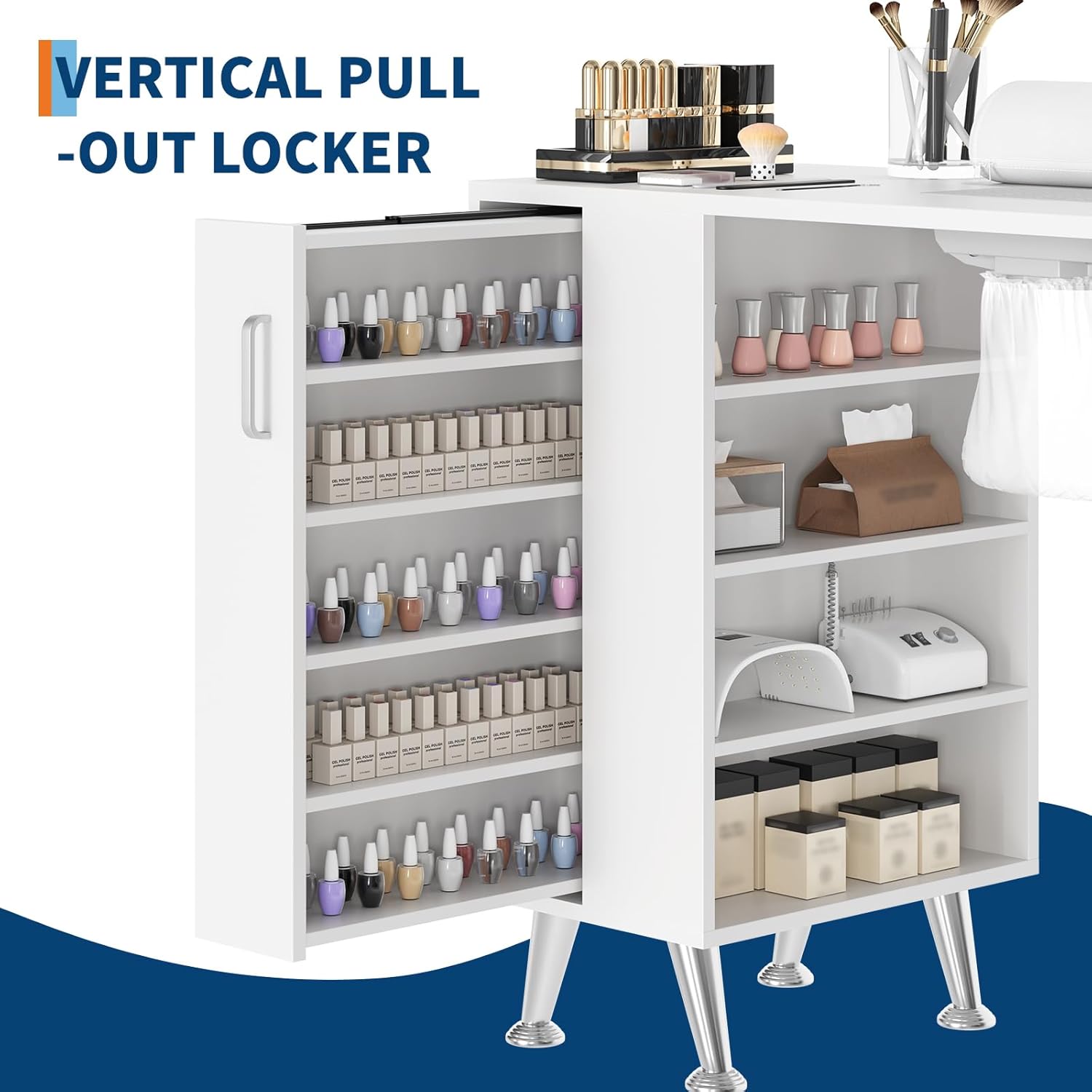 42.5 Inch Manicure Table, Nail Desk with Vertical Pull-Out Locker, 1 Storage Cabinet, 2 Drawers, 4-Tiers Open Shelves, Wrist Rest and Dust Collector, Nail Table Workstation for Beauty Salon