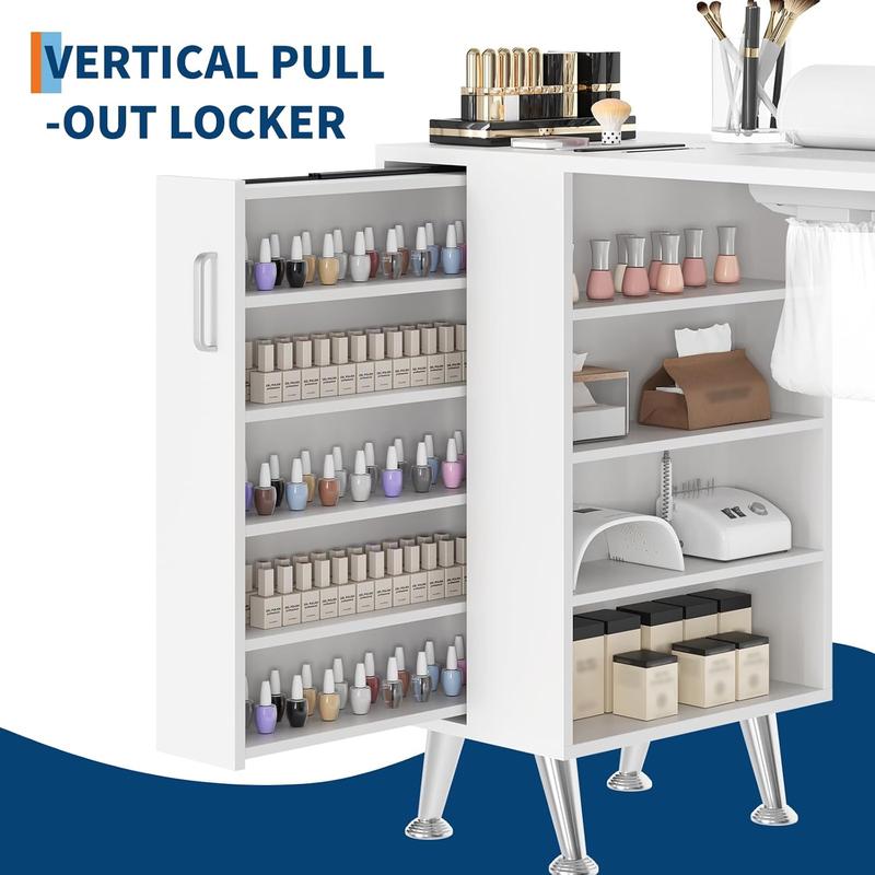 42.5 Inch Manicure Table, Nail Desk with Vertical Pull-Out Locker, 1 Storage Cabinet, 2 Drawers, 4-Tiers Open Shelves, Wrist Rest and Dust Collector, Nail Table Workstation for Beauty Salon