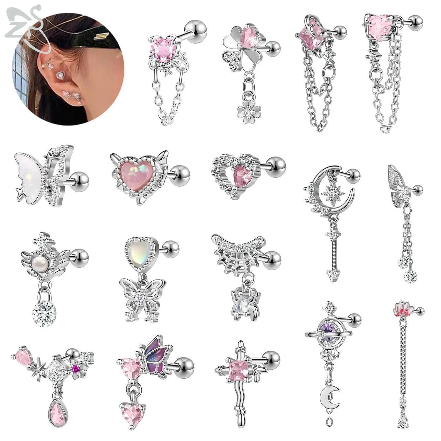 ZS 1 Piece 20G Cute Heart Stud Earring For Children Women Pink CZ Crystal Earrings Ear Cartilage Helix Conch Piercing Jewelry
