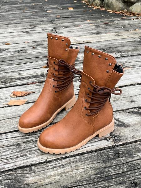 Women's Fashionable Solid Color Lace Up Front Ankle Boots, Casual Comfortable Round Toe Boots for Daily Wear, Trendy All-match Boots for Women & Girls, Walking Shoes