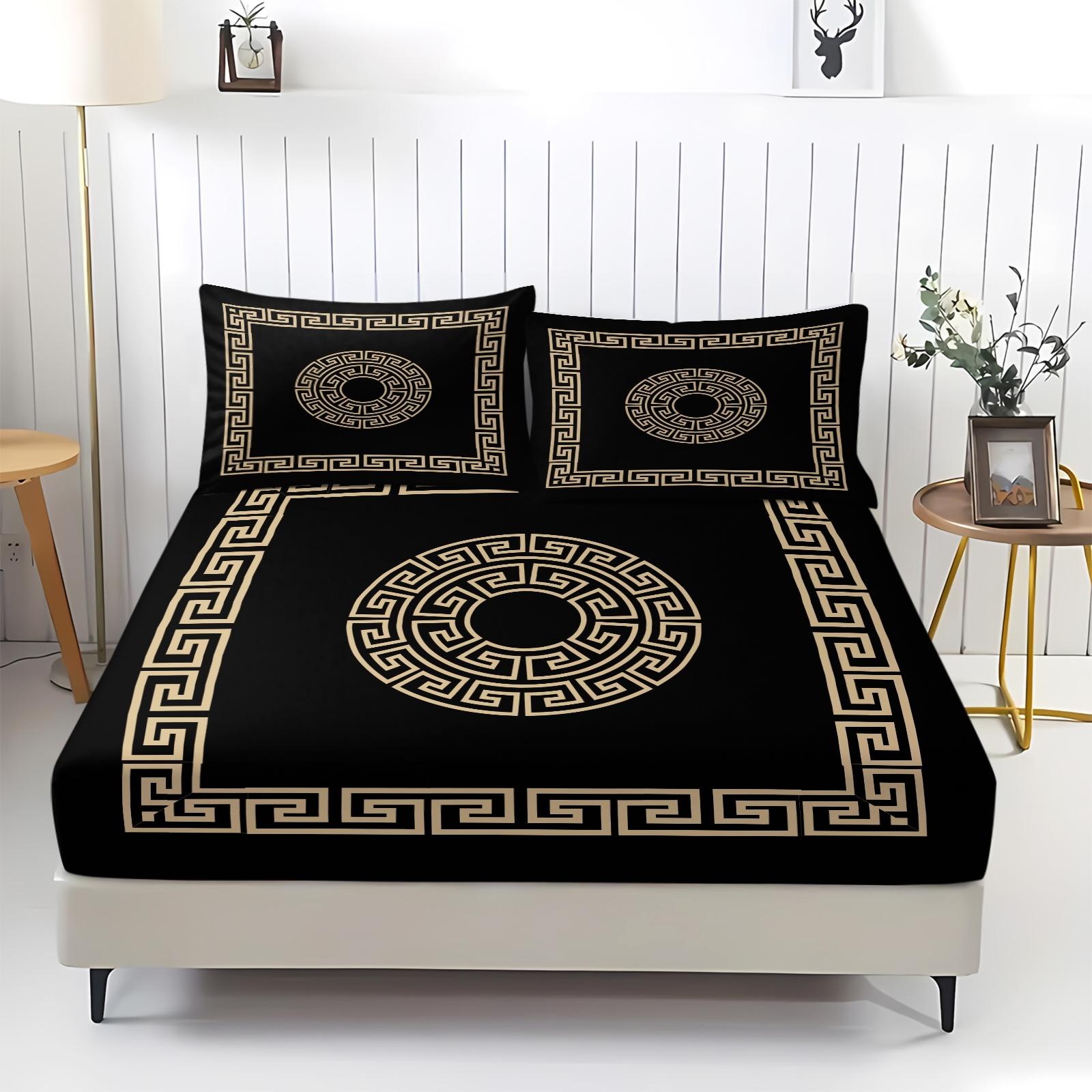 3 Pcs Solid Color Geometric Pattern Fitted Sheet Set,Includes 1 Fitted Sheet & 2 Pillowcases without Filler,Minimalist style, vintage and sophisticated look, soft and comfortable, Soft Bedding Sheet,Suitable for all seasons,Multiple styles available.