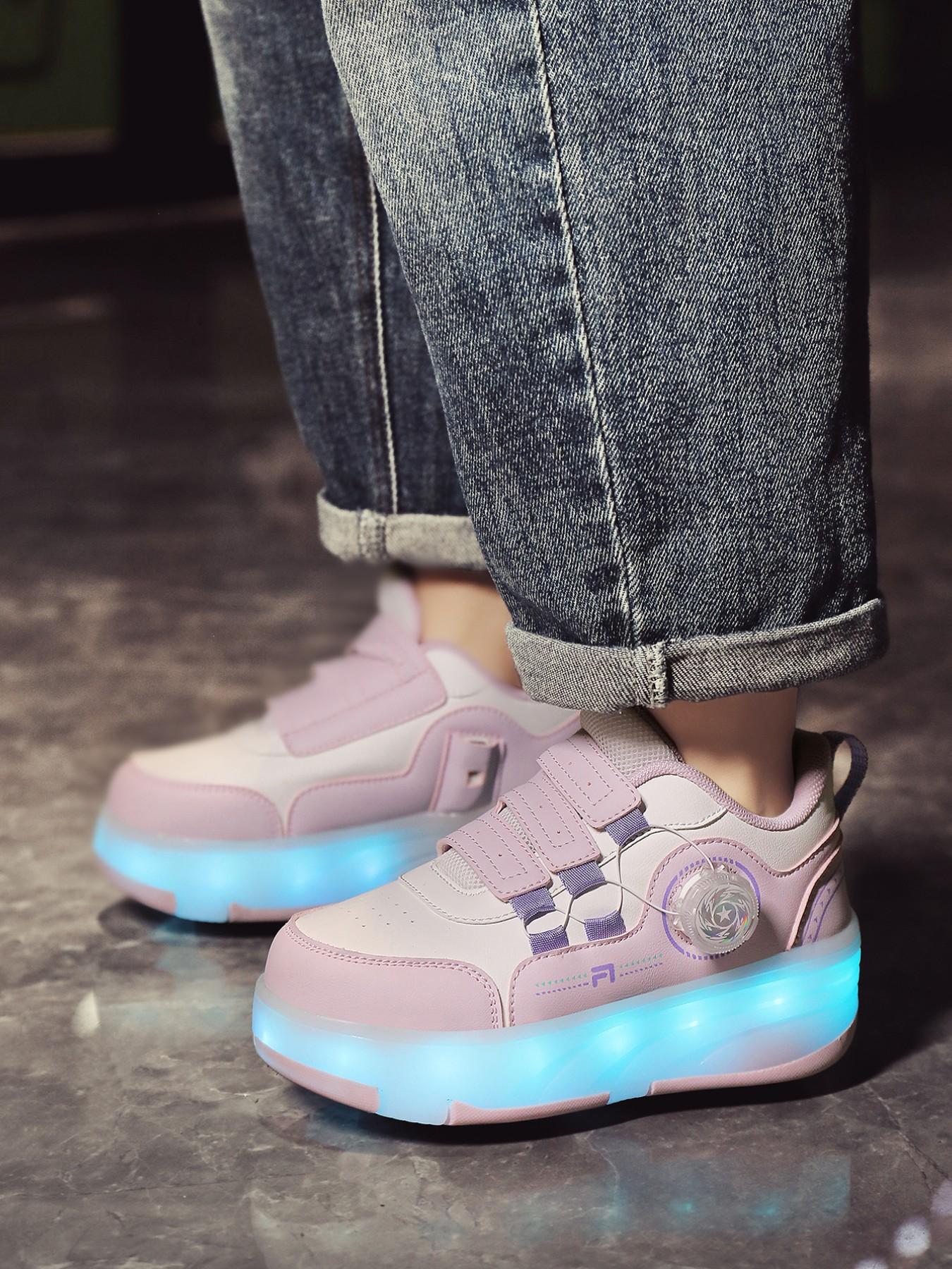 Girls' LED Light-Up Roller Skates, PU Leather Four-Wheel Inline Skates, USB Rechargeable, Detachable Wheels, All-Season Casual Shoes, Shoes With Wheels