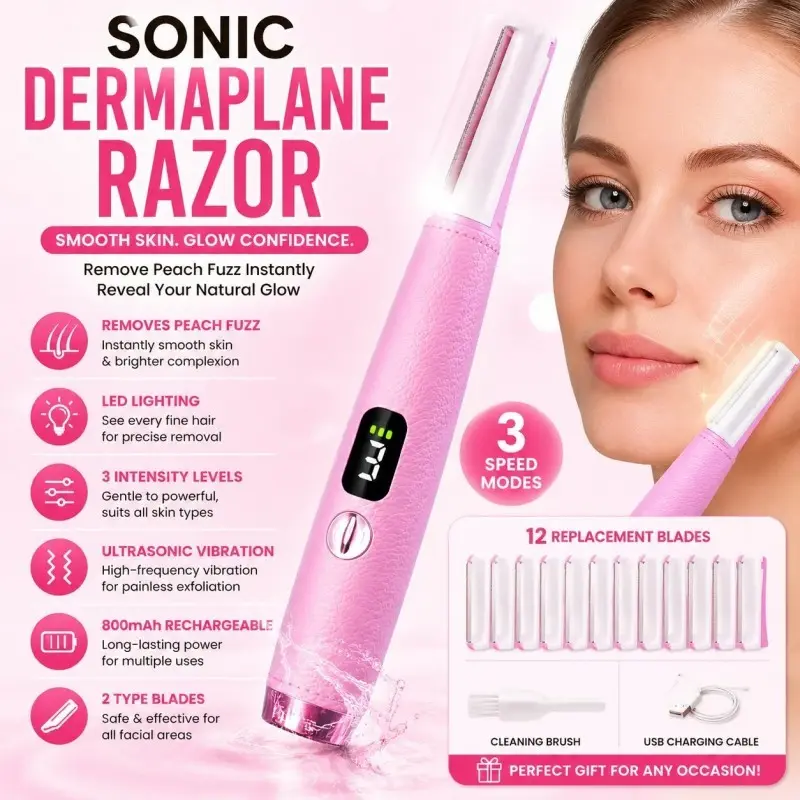 Women's Sonic Exfoliating Razor, Facial Hair Remover, Free 12 Replacement Blades, LED Light, Three-Speed Rechargeable, Perfect Holiday Gift