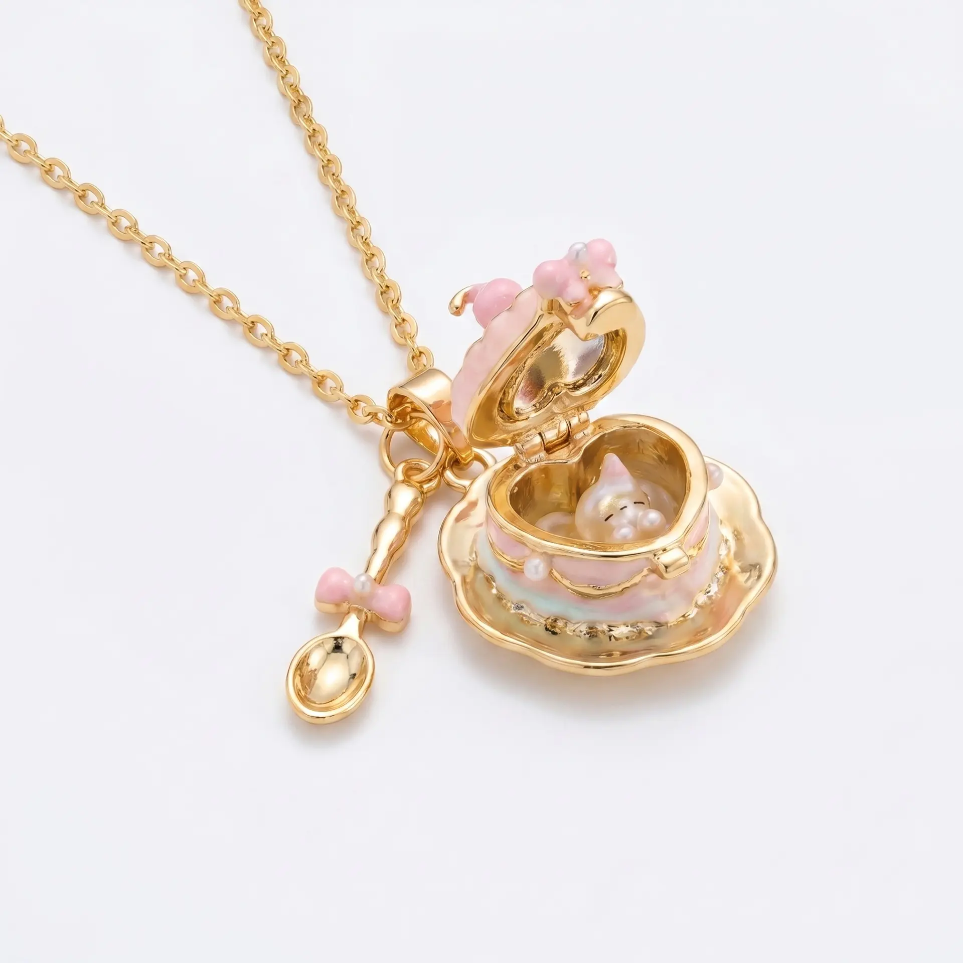 Cute Cup Opening Necklace 18K Gold Plated Coffee Cup Pendant Necklace Spoon Charm Novelty Jewelry Gift for Women Kawaii Sweet Jewelry