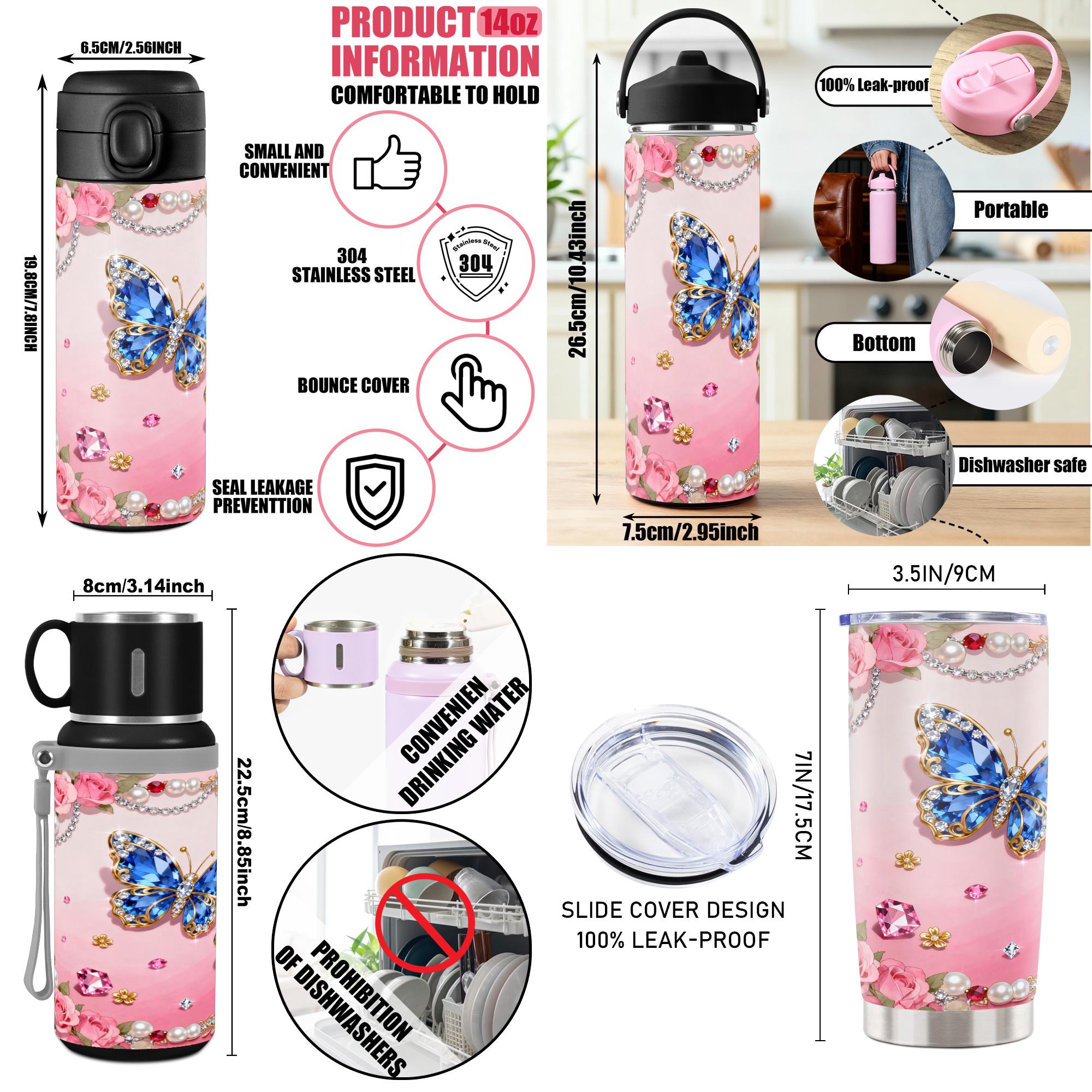 1pc, 40oz/30oz/20oz/14oz Stainless Steel Cup Insulated Water Cup Blue Gem Butterfly & Rose Adorned Double Wall Vacuum Insulated Cup, Leakproof Lid & Carry Handle Travel Mug Insulated Tumbler for Outdoor Camping Hiking, Gift for Dad