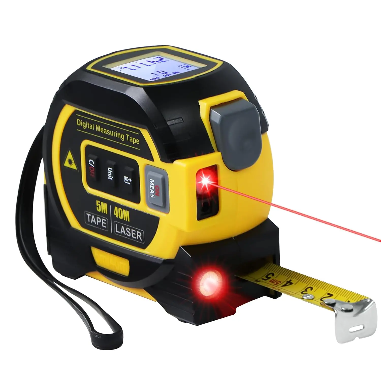 3 in 1 Digital Laser Tape Measure |   Laser Level Crosshairs |   130ft/40m Laser Distance + 16ft/5m AutoLock Tape |   Backlit LCD Display (Ft/Inch/M/mm & Fractions)