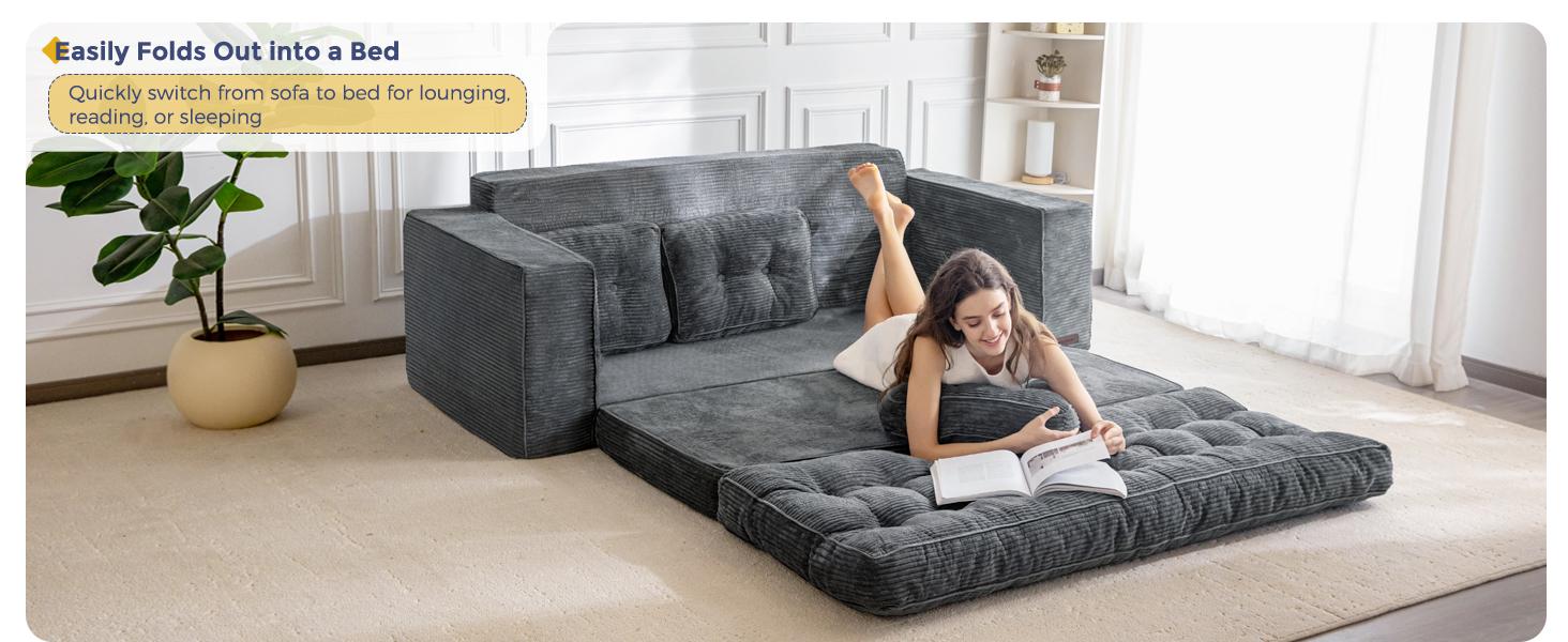MAXYOYO Convertible Sofa Bed, Pull Out 3 Seater Sleeper Sofa, 2 in 3 Folding Couch Bed, Fold Out Floor Couch with Pillows for Living Room Bedroom Lounge