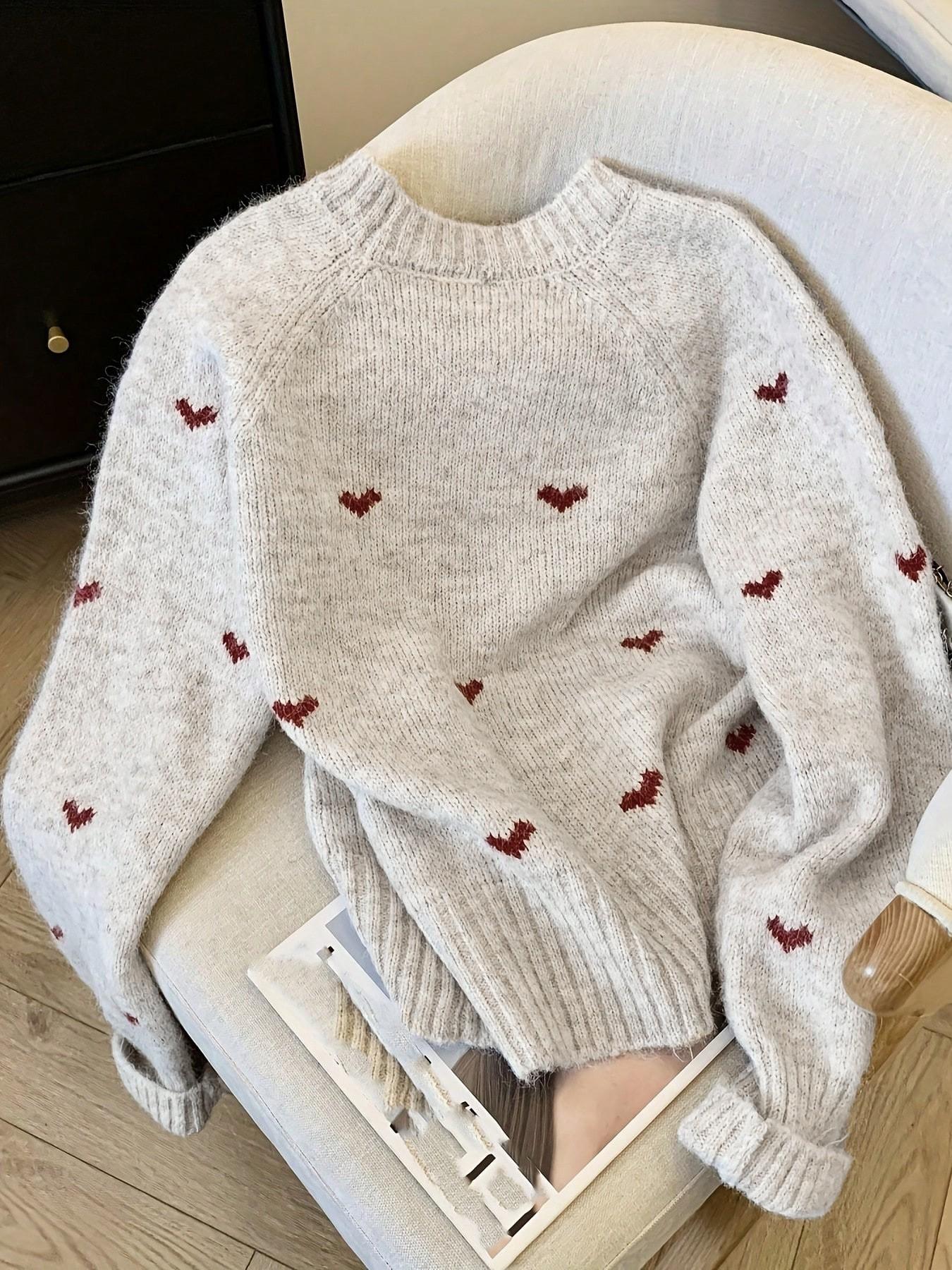 Plus Size Women's Fall Winter Heart Pullover, Chic Long Sleeve Drop Shoulder Knitwear Knitting, Cozy Crew Neck Sweater for Casual Daily Wear Tops