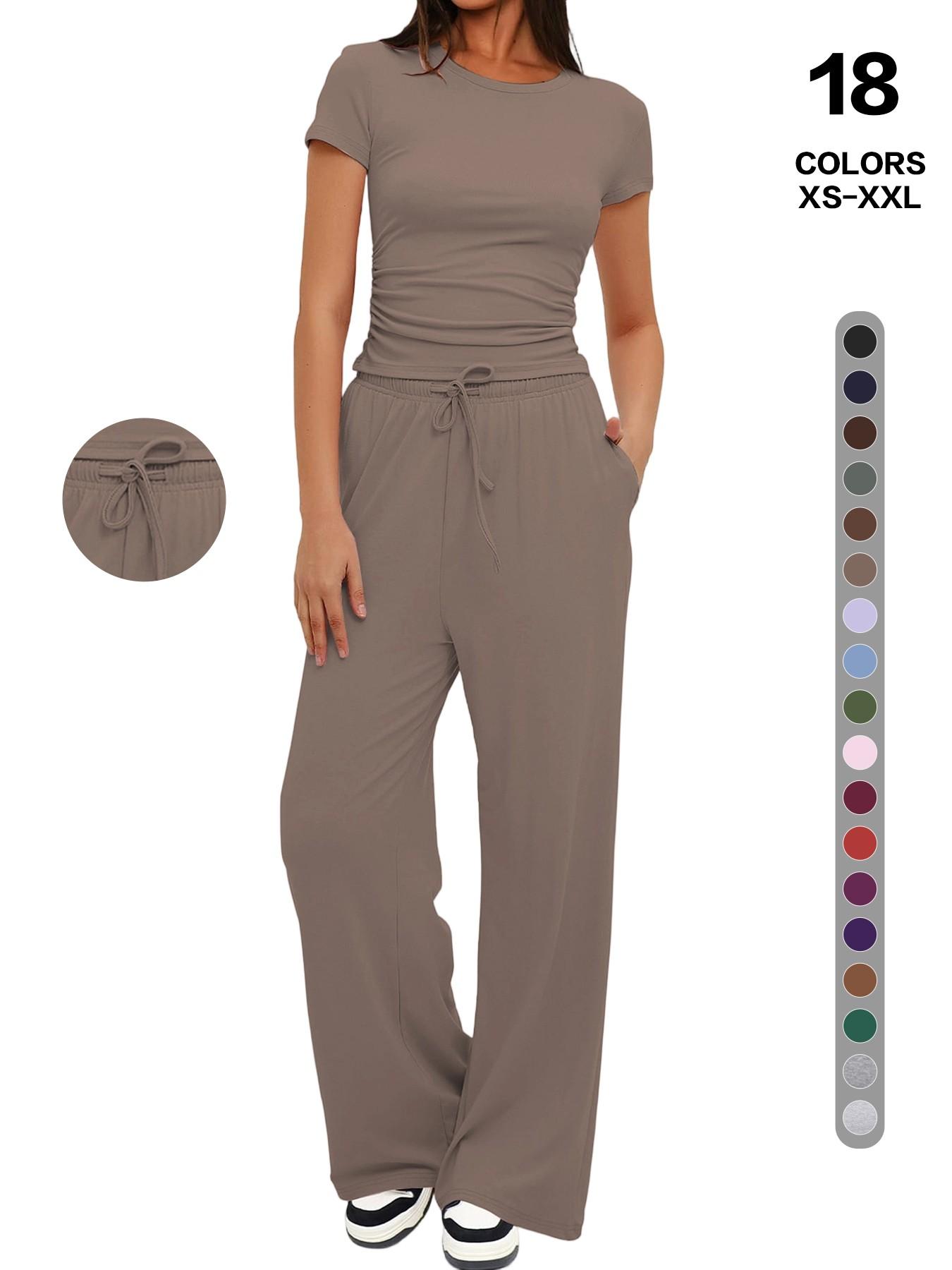 2026 Women's Solid Round Neck Short Tee and Pants, 2- or 6-Piece Set, Casual Comfy Elastic Pajama Set for Women, Cozy Loungewear for Daily Home Wear