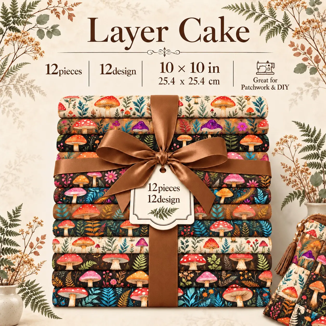 12Pcs Cottagecore Mushroom Fat Quarter Fabric Bundle, Cozy Fabric, 25.4cm×25.4cm(10in×10in), Wild Mushroom, Fern & Floral Printed, Soft 100% Polyester Cotton-Like Plain Weave Cloth, DIY Handmade Sewing Quilting Fabric for Pillow, Gift Pouch, Home Decor
