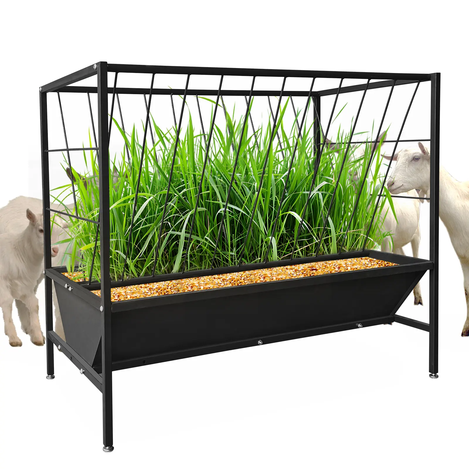 45 Gallon Pasture Hay Feeder with 24 Gallon Feed Pan, Heavy-Duty Hay Grain Livestock Feeder for Farms, Livestock Feeding Trough for Sheep, Goats, Calves, Cow, Horse, Black