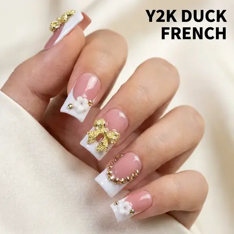 10pcs Y2K Style Short Duck Bill Press-On Nails, Decorative Nails, Red & White French Manicure False Nails With Gold Bow & Flower Decor, Gold Rhinestones, Nail Art Glitter, Nail Art Supplies For Daily Wear & Party, Great Gift For Women And Girls